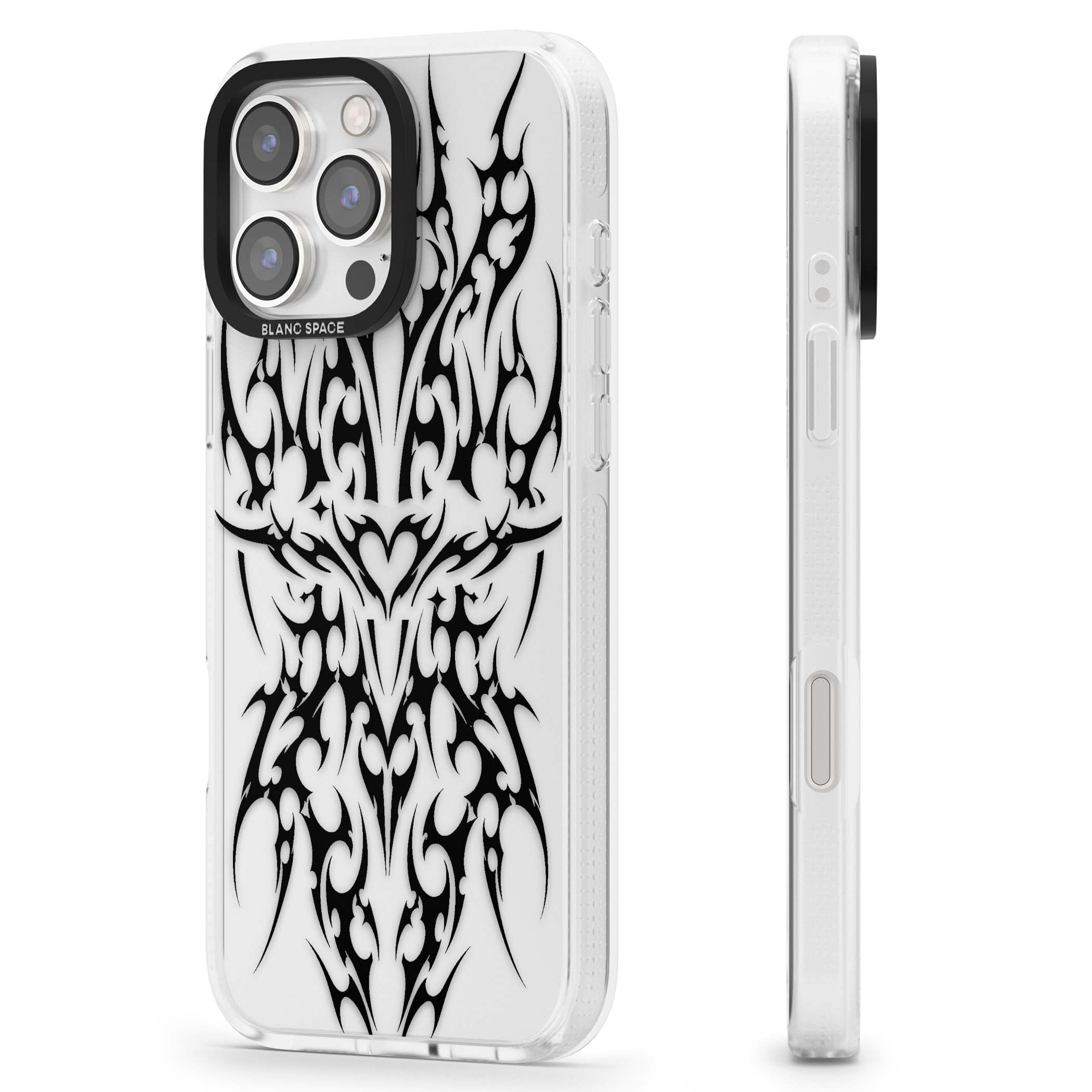 Neo Tribal Heart gothic iPhone case featuring symmetrical black tribal tattoo art with sharp thorn-like linework | Clear Case Impact Air case for iPhone 16 Pro, iPhone 16 Pro Max