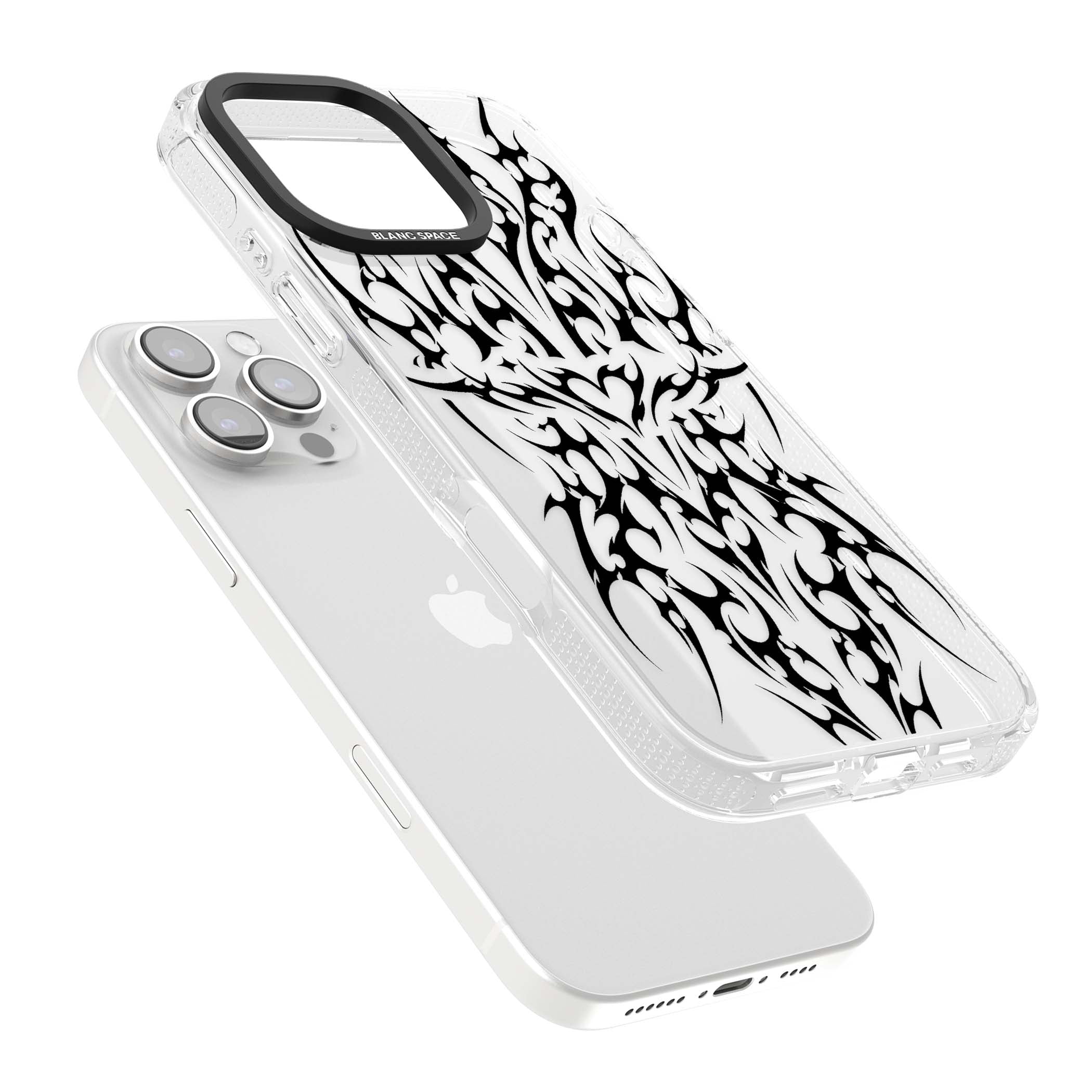 Neo Tribal Heart gothic iPhone case featuring symmetrical black tribal tattoo art with sharp thorn-like linework | Clear Case Impact Air case for iPhone 16 Pro, iPhone 16 Pro Max