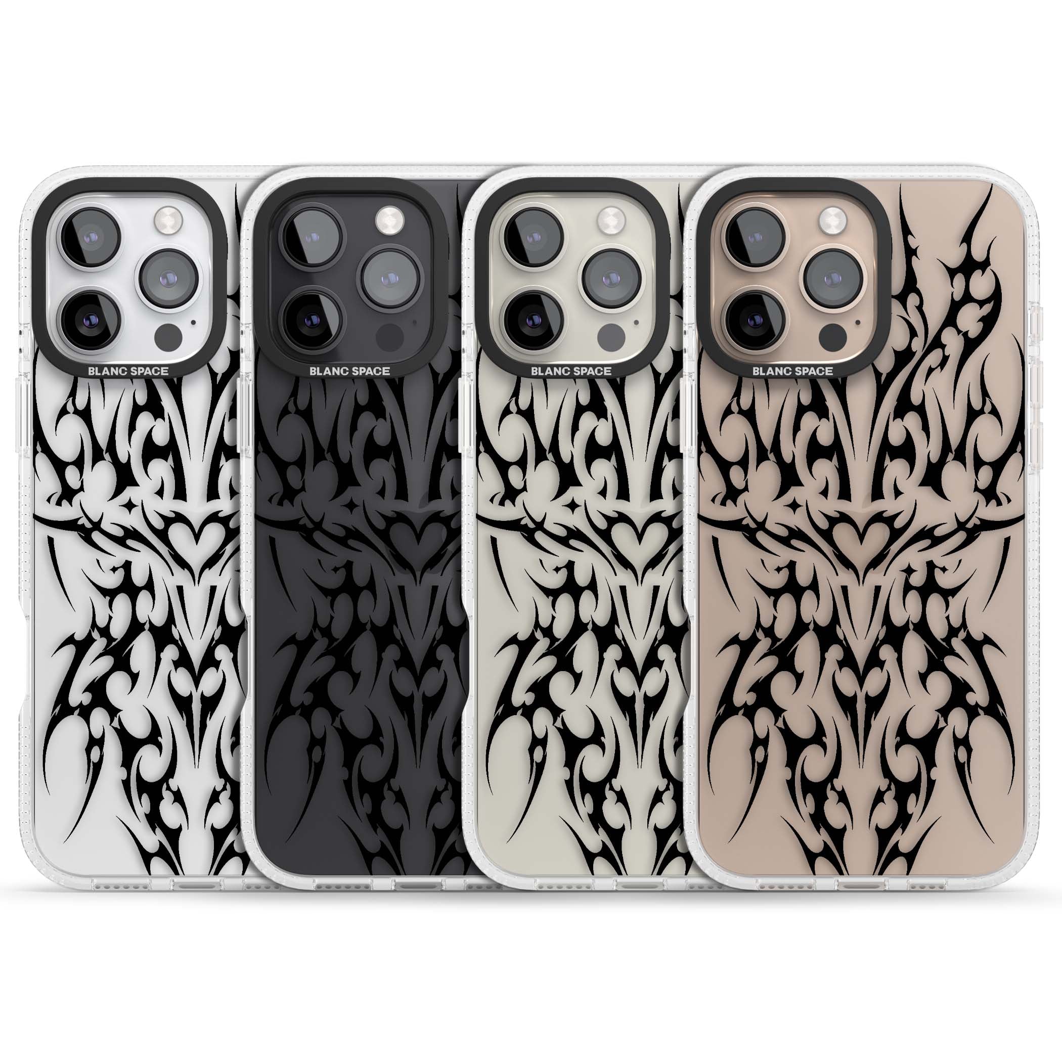 Neo Tribal Heart gothic iPhone case featuring symmetrical black tribal tattoo art with sharp thorn-like linework | Clear Case Impact Air case for iPhone 16 Pro, iPhone 16 Pro Max