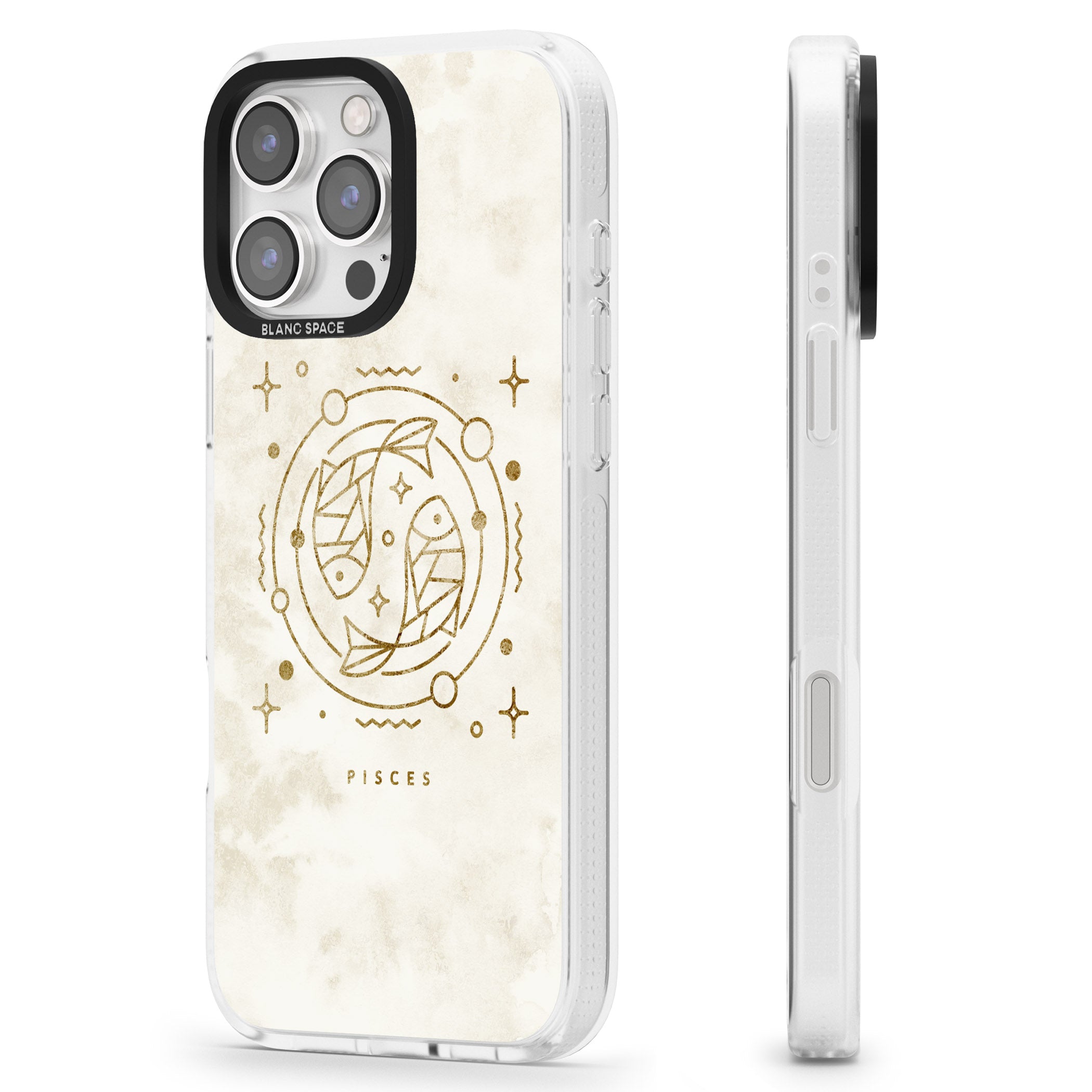 Pisces Emblem - Solid Gold Marbled Design iPhone 16 Pro Max / 16 Pro Clear Case Impact Air - Blanc Space