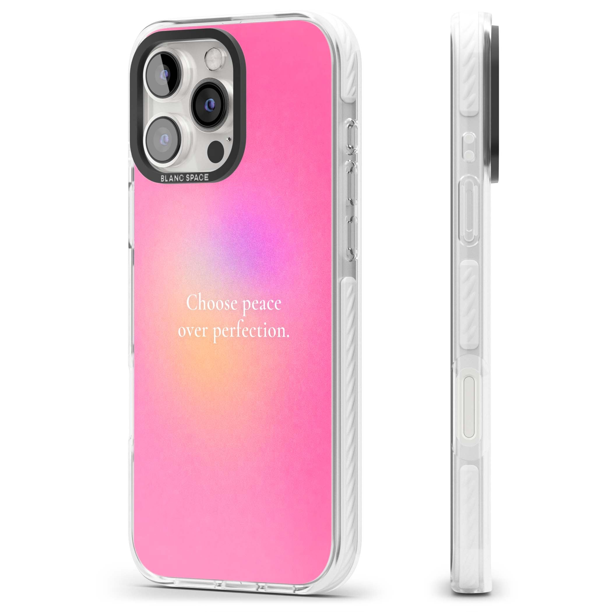 Peace Over Perfection quote iPhone case featuring a dreamy pink aura gradient and delicate white affirmation text | Clear Impact case for iPhone 16 Pro, iPhone 16 Pro Max