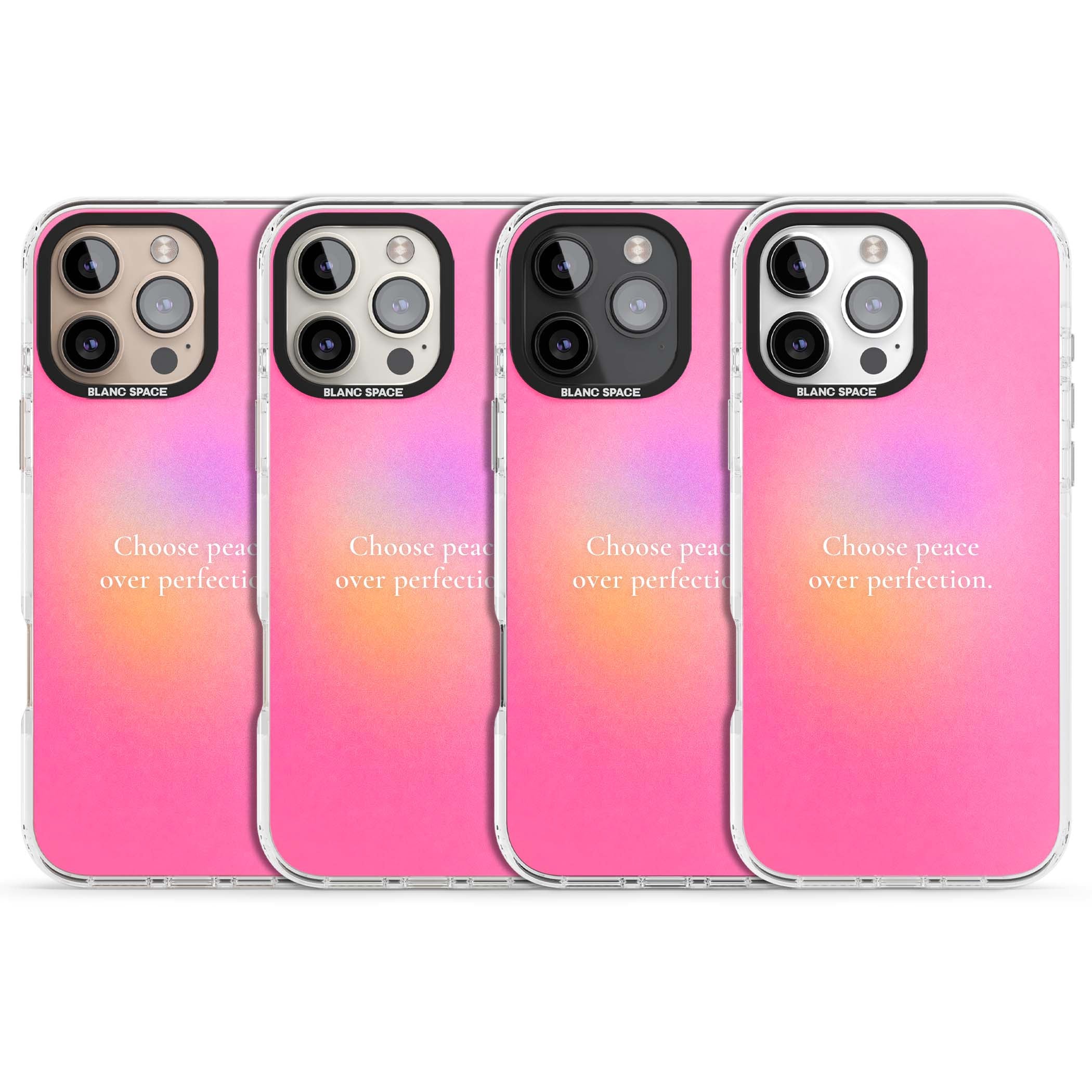 Peace Over Perfection quote iPhone case featuring a dreamy pink aura gradient and delicate white affirmation text | Clear Impact case for iPhone 16 Pro, iPhone 16 Pro Max