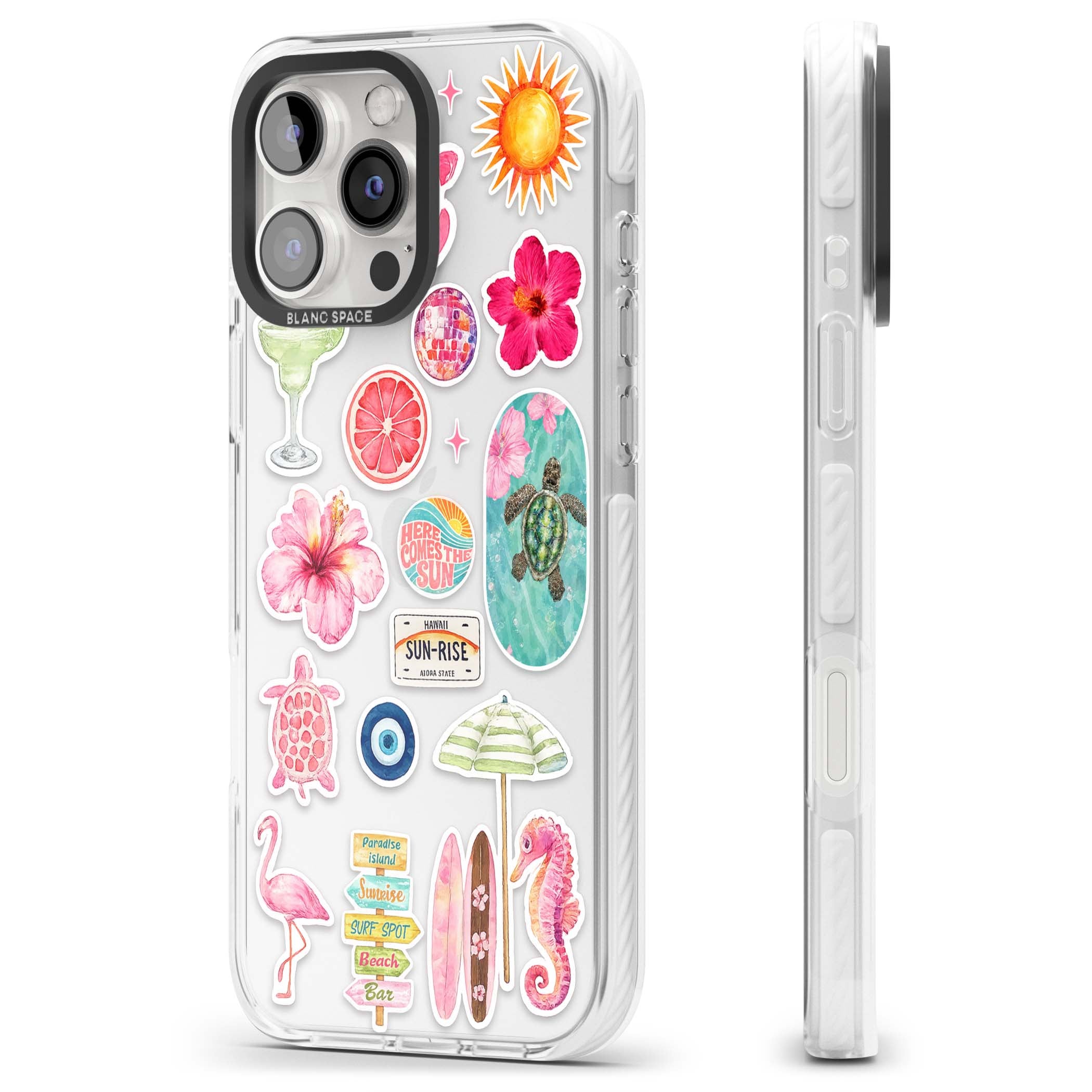 Aloha Sticker Mix tropical summer iPhone case featuring pink hibiscus, sea turtles, flamingo and beach umbrella stickers | Clear Impact case for iPhone 16 Pro, iPhone 16 Pro Max