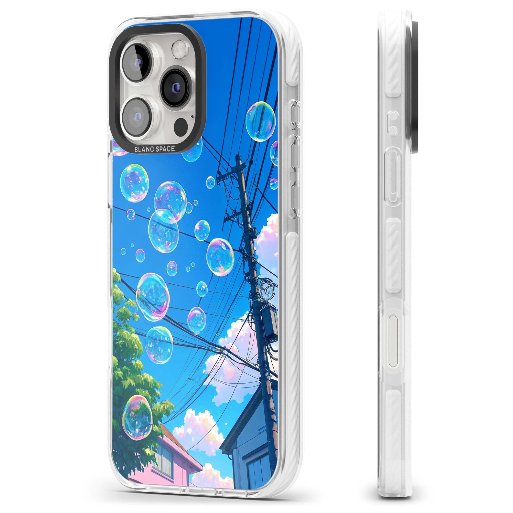 Suburban Bubbles anime iPhone case featuring iridescent soap bubbles, blue sky and Japanese telephone wires | Clear Impact case for iPhone 16 Pro, iPhone 16 Pro Max