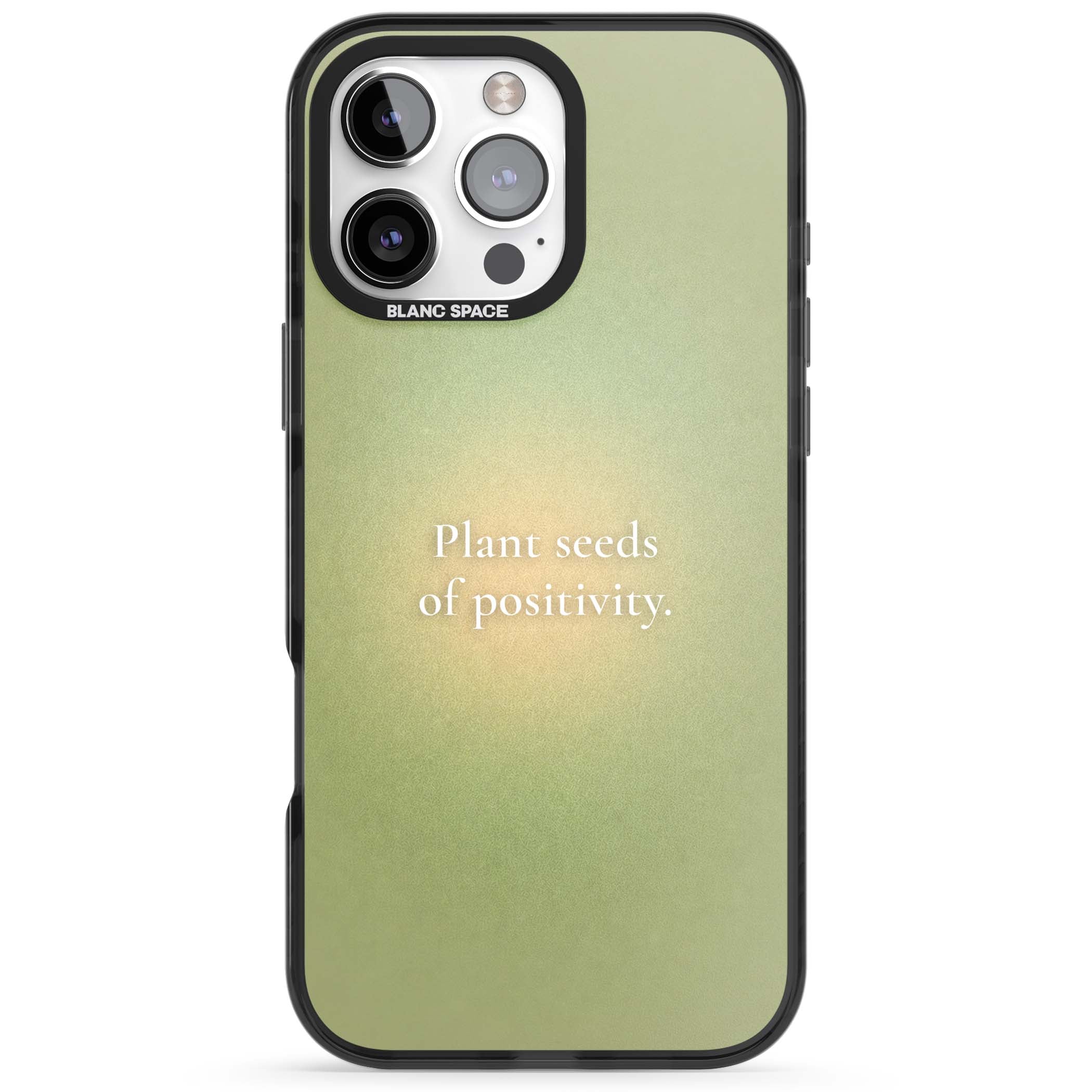 Seeds of Positivity quote iPhone case featuring a sage green aura gradient and golden glow affirmation | Black Impact case for iPhone 16 Pro, iPhone 16 Pro Max