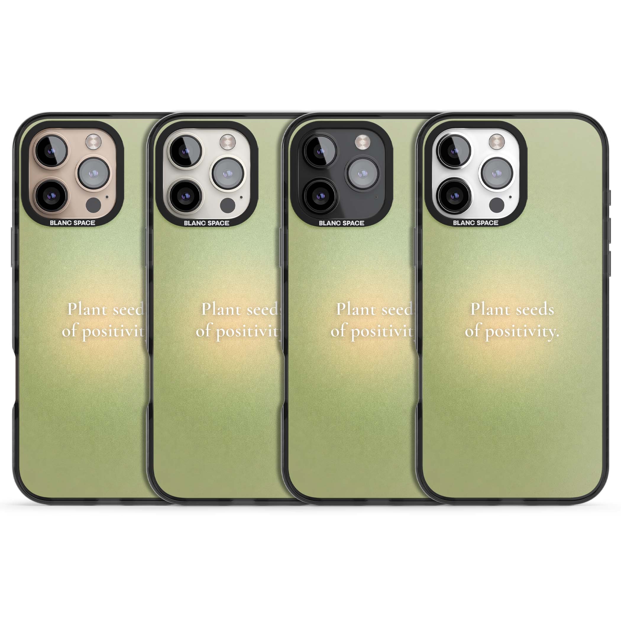 Seeds of Positivity quote iPhone case featuring a sage green aura gradient and golden glow affirmation | Black Impact case for iPhone 16 Pro, iPhone 16 Pro Max