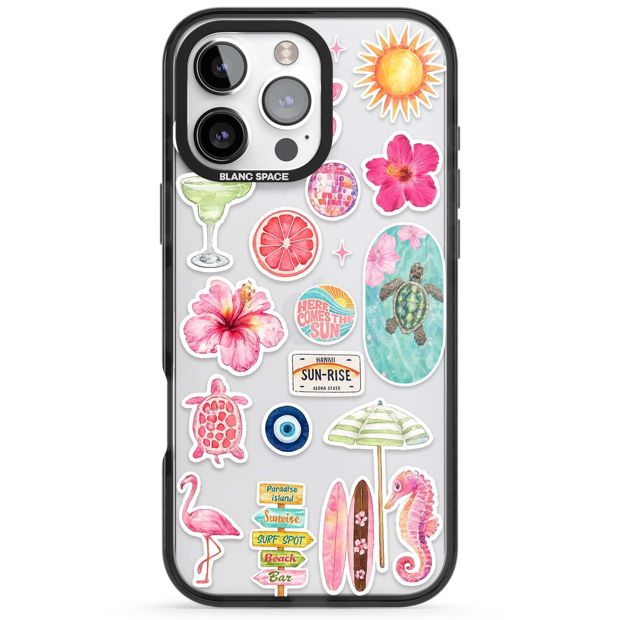 Aloha Sticker Mix tropical summer iPhone case featuring pink hibiscus, sea turtles, flamingo and beach umbrella stickers | Black Impact case for iPhone 16 Pro, iPhone 16 Pro Max