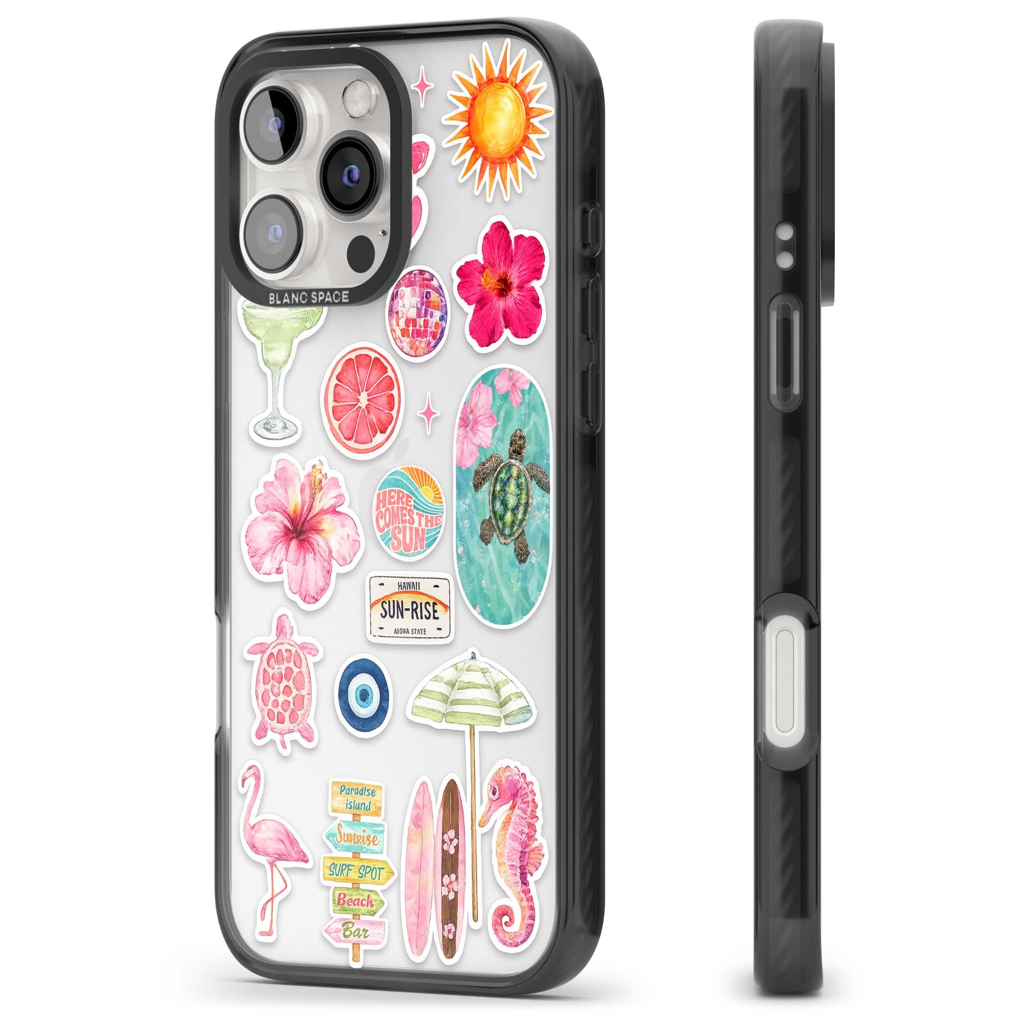 Aloha Sticker Mix tropical summer iPhone case featuring pink hibiscus, sea turtles, flamingo and beach umbrella stickers | Black Impact case for iPhone 16 Pro, iPhone 16 Pro Max