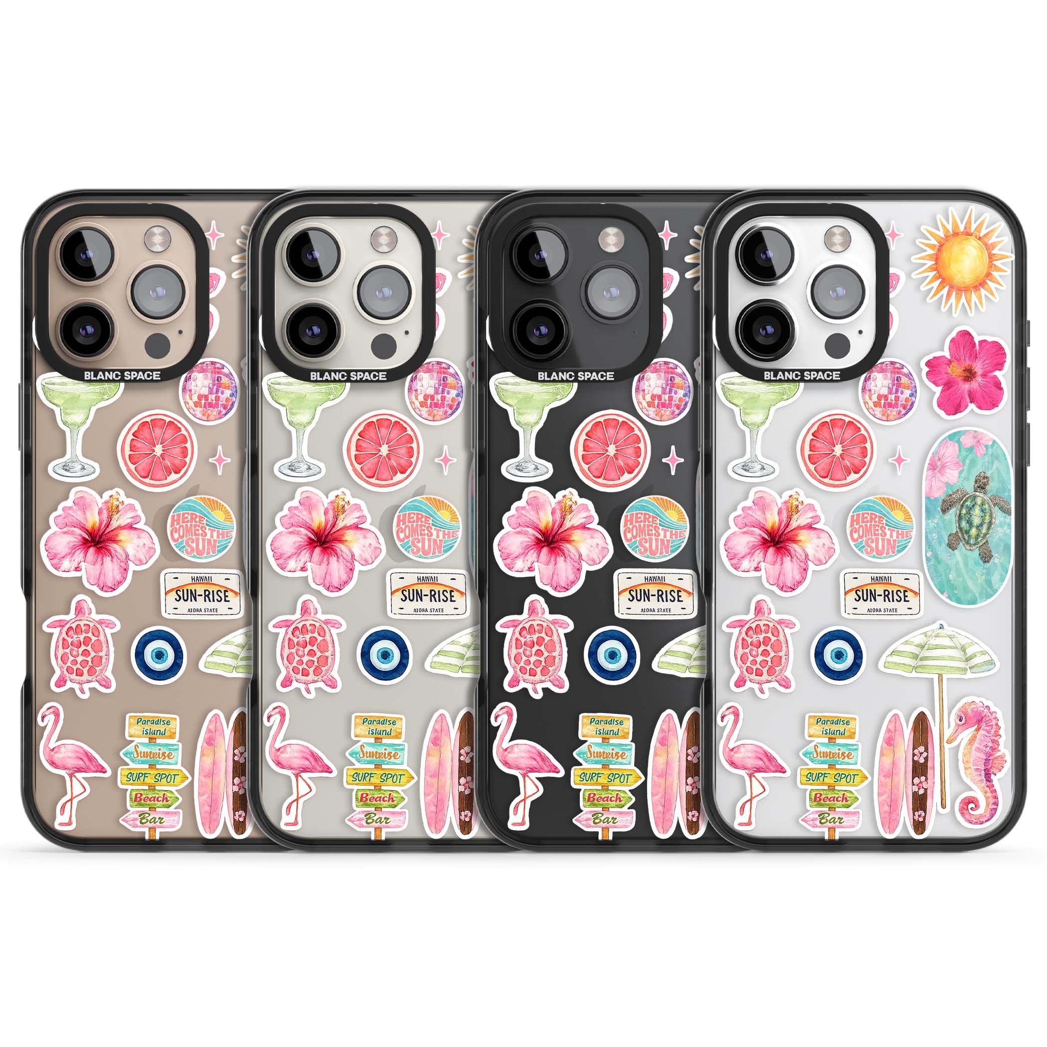 Aloha Sticker Mix tropical summer iPhone case featuring pink hibiscus, sea turtles, flamingo and beach umbrella stickers | Black Impact case for iPhone 16 Pro, iPhone 16 Pro Max