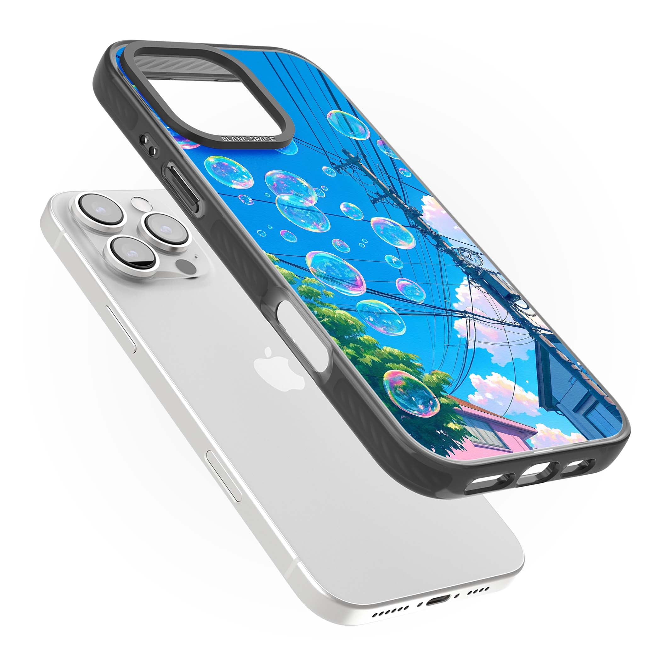 Suburban Bubbles anime iPhone case featuring iridescent soap bubbles, blue sky and Japanese telephone wires | Black Impact case for iPhone 16 Pro, iPhone 16 Pro Max