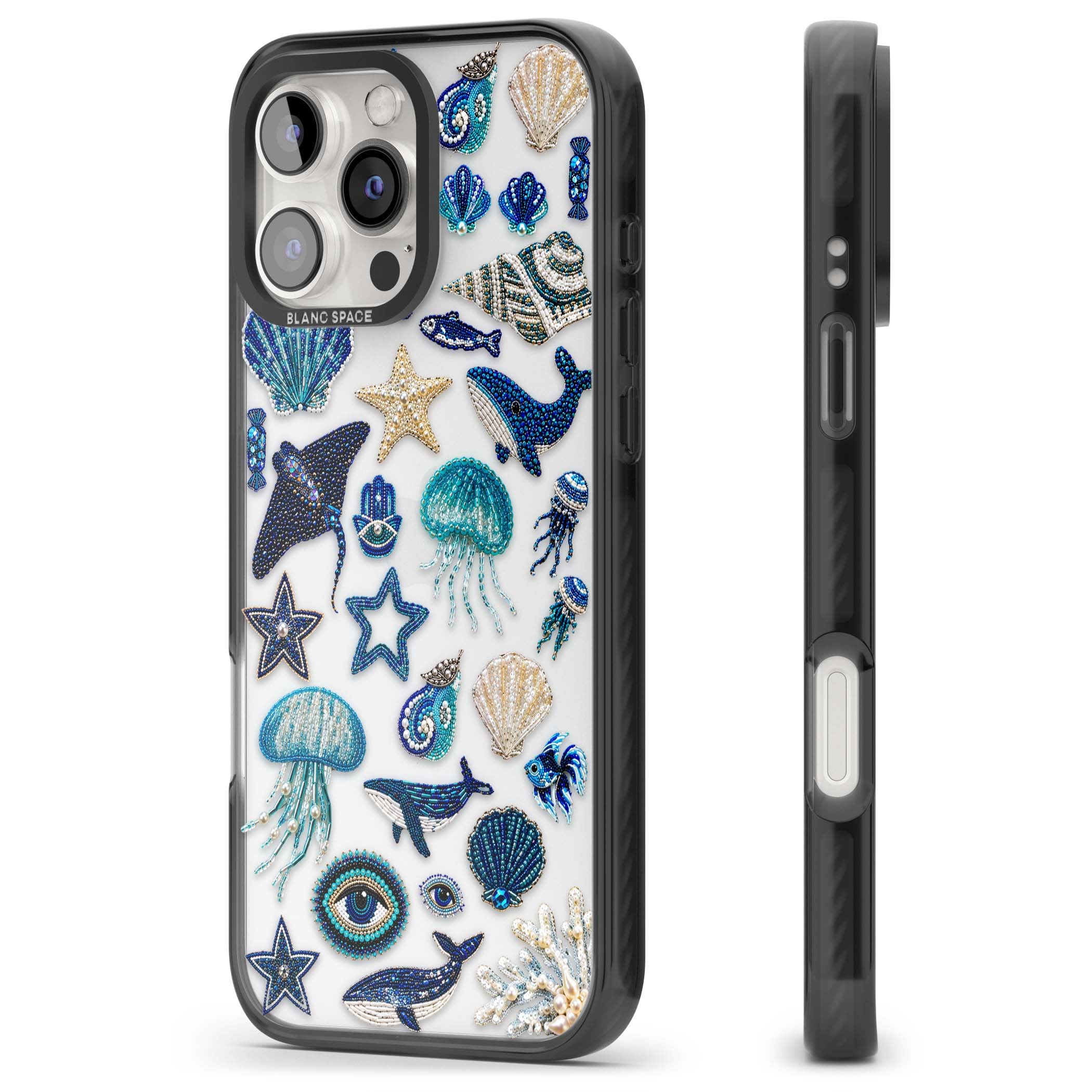 Beaded Coastal coastal iPhone case featuring embroidered seashells, jellyfish and a blue whale on clear | Black Impact case for iPhone 16 Pro, iPhone 16 Pro Max