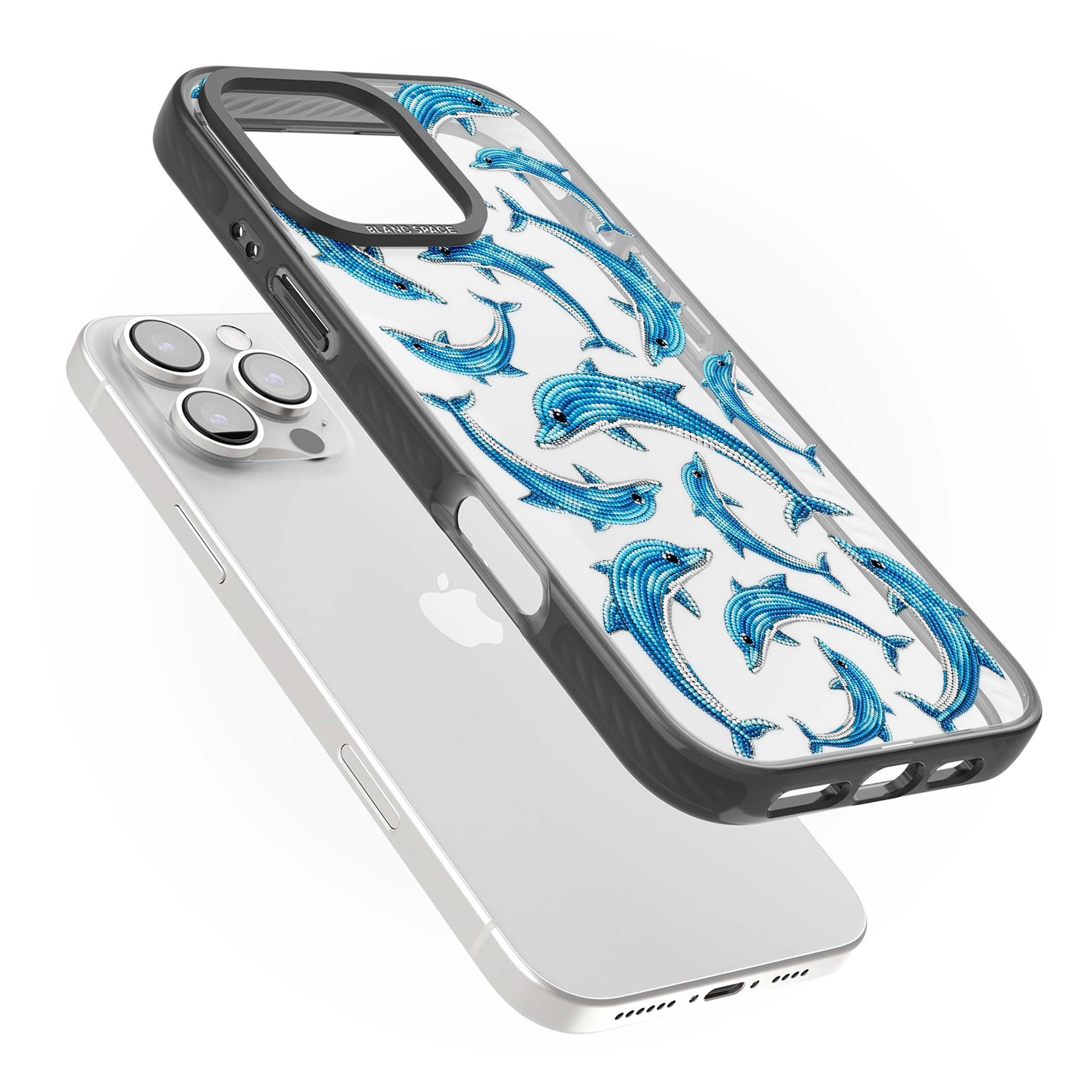 Beaded Dolphins coastal iPhone case featuring beaded dolphins in blue and white swimming across a clear background | Black Impact case for iPhone 16 Pro, iPhone 16 Pro Max