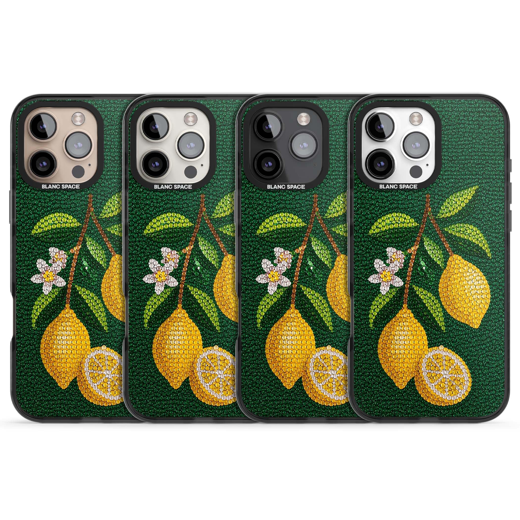 Beaded Lemons coastal iPhone case featuring crystal-beaded lemons, citrus blossom and green leaves on emerald ground | Black Impact case for iPhone 16 Pro, iPhone 16 Pro Max