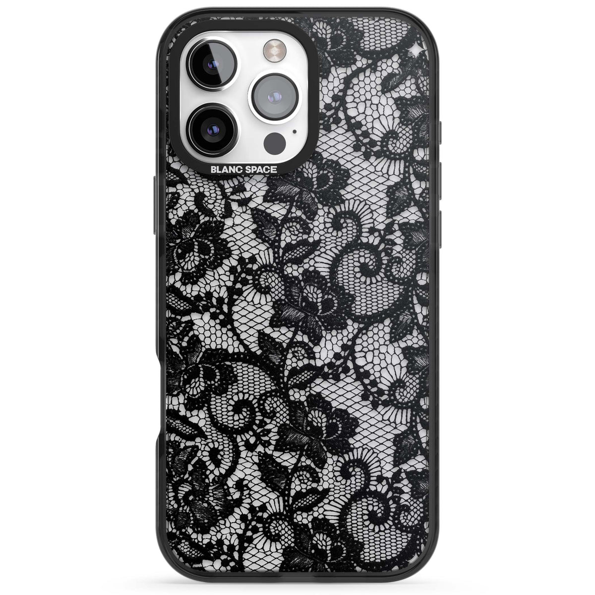 Black Lace gothic iPhone case featuring intricate black floral lace pattern with vintage whimsigoth detail | Black Impact case for iPhone 16 Pro, iPhone 16 Pro Max