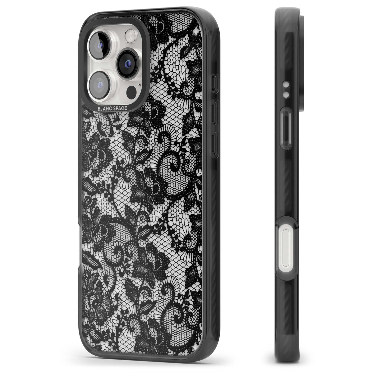 Black Lace gothic iPhone case featuring intricate black floral lace pattern with vintage whimsigoth detail | Black Impact case for iPhone 16 Pro, iPhone 16 Pro Max