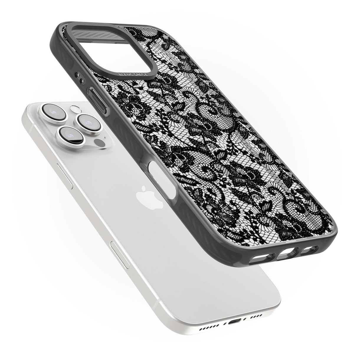 Black Lace gothic iPhone case featuring intricate black floral lace pattern with vintage whimsigoth detail | Black Impact case for iPhone 16 Pro, iPhone 16 Pro Max