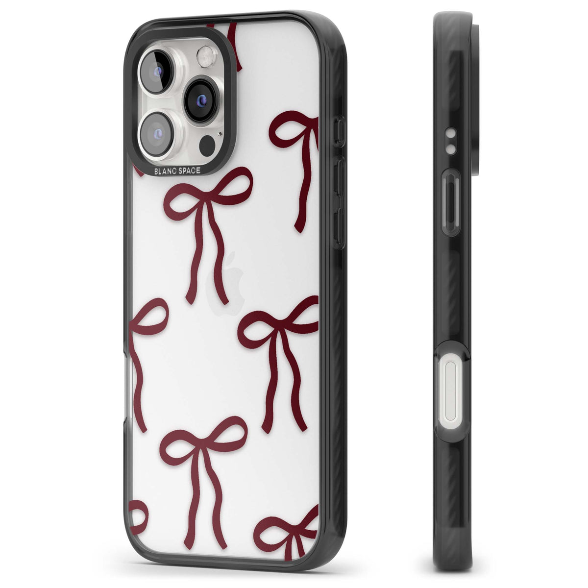 Burgundy Bows coquette iPhone case featuring hand-drawn burgundy red bows on a clear background | Black Impact case for iPhone 16 Pro, iPhone 16 Pro Max