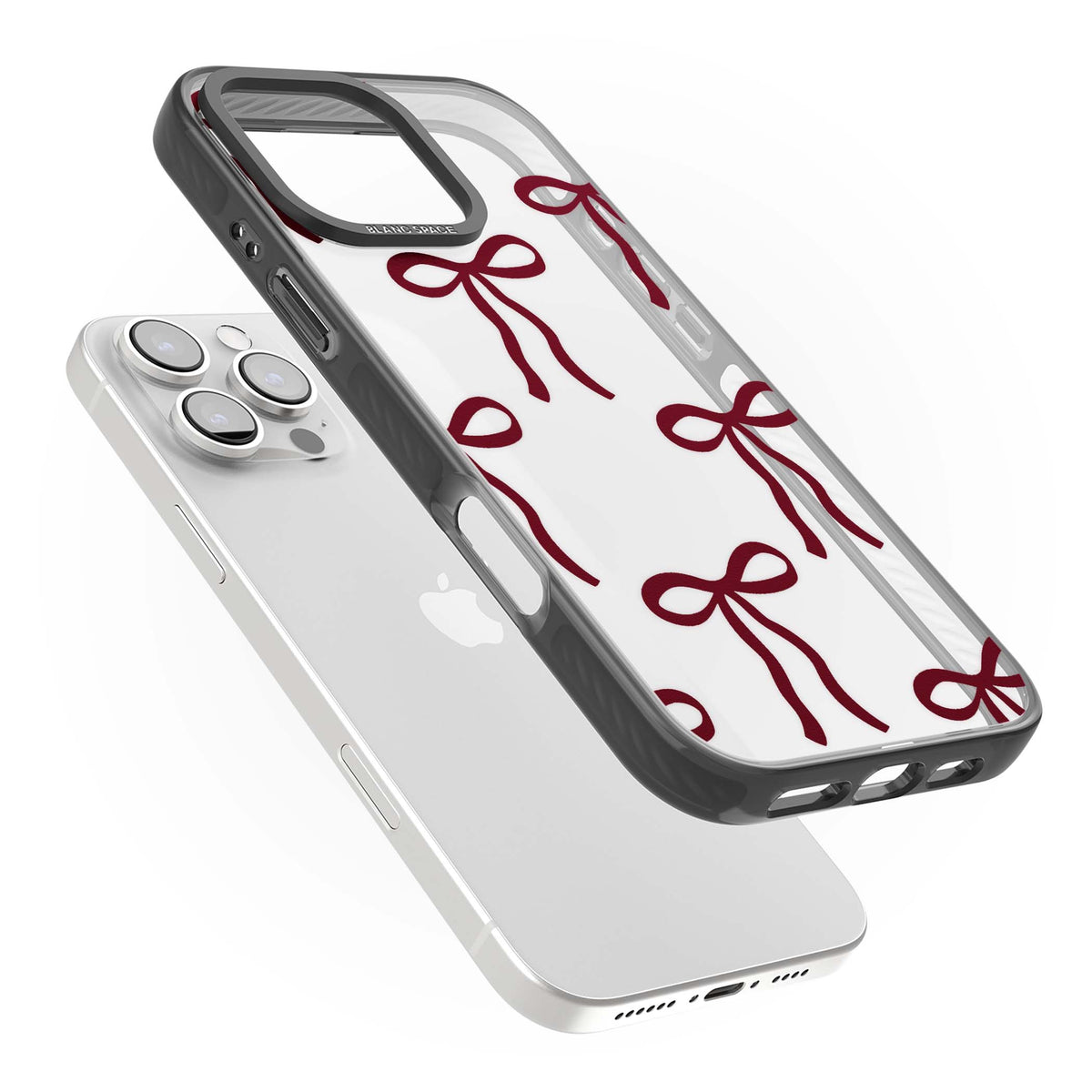 Burgundy Bows coquette iPhone case featuring hand-drawn burgundy red bows on a clear background | Black Impact case for iPhone 16 Pro, iPhone 16 Pro Max