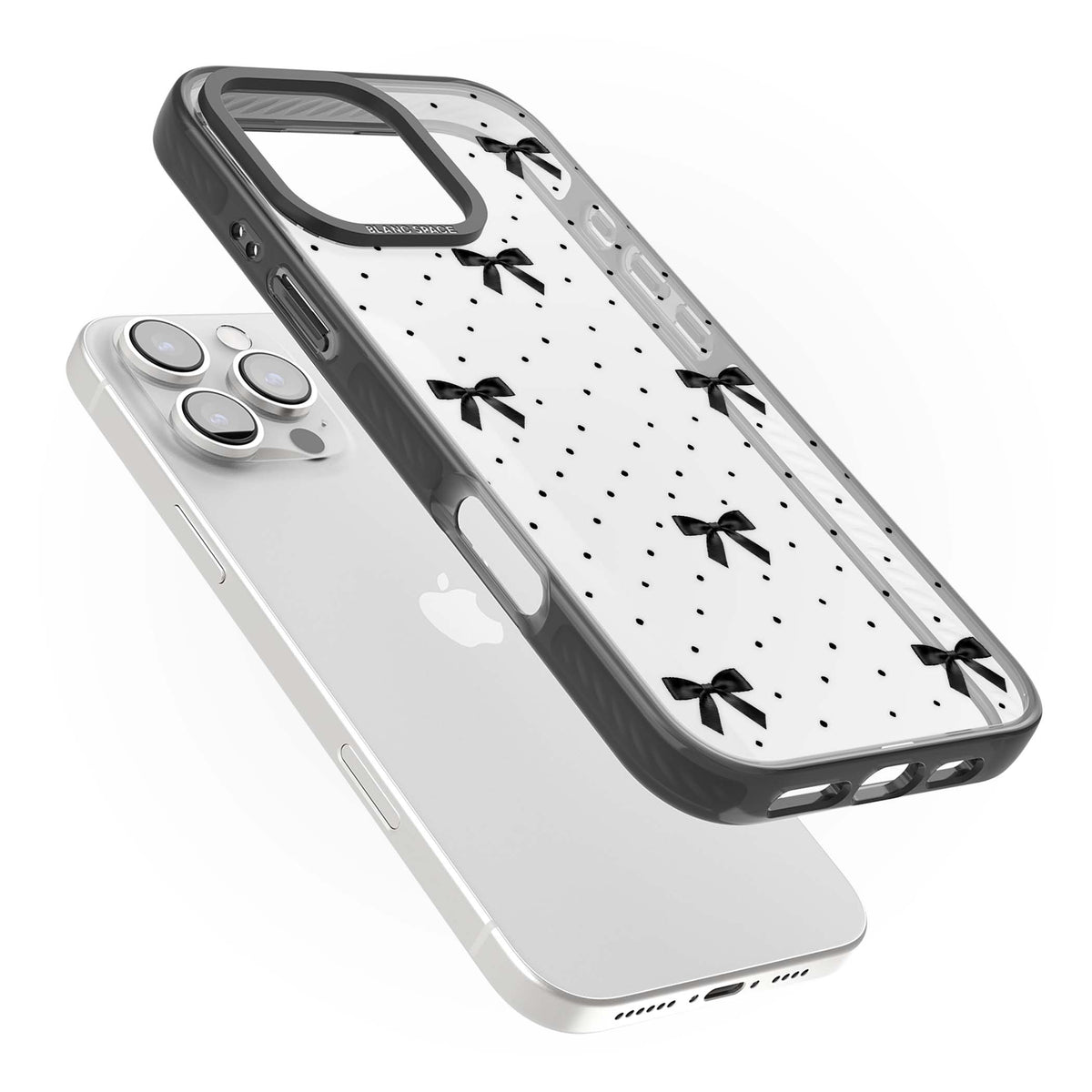 Black Polka Bows coquette iPhone case featuring scattered black satin bows and tiny polka dots on a clear base | Black Impact case for iPhone 16 Pro, iPhone 16 Pro Max