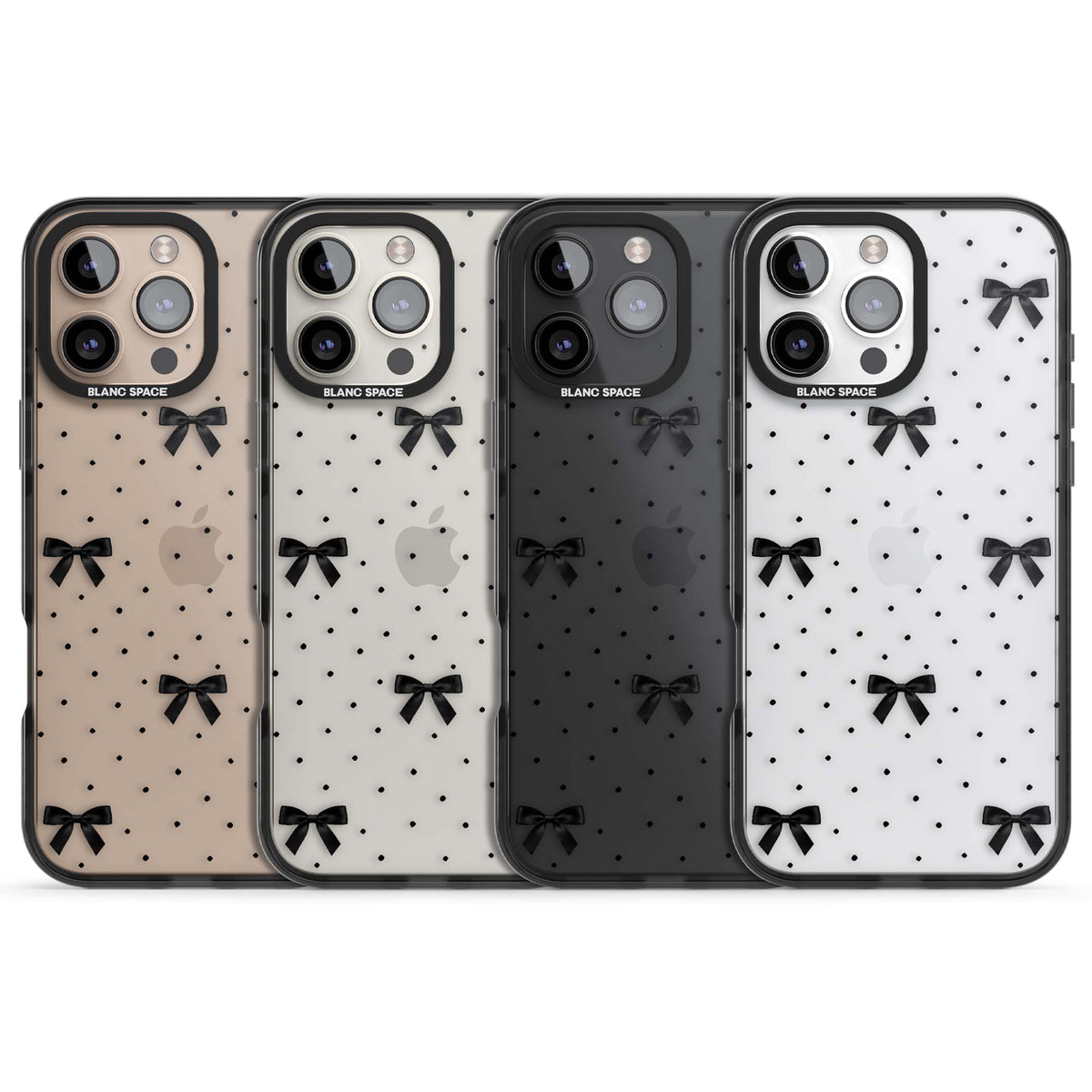 Black Polka Bows coquette iPhone case featuring scattered black satin bows and tiny polka dots on a clear base | Black Impact case for iPhone 16 Pro, iPhone 16 Pro Max