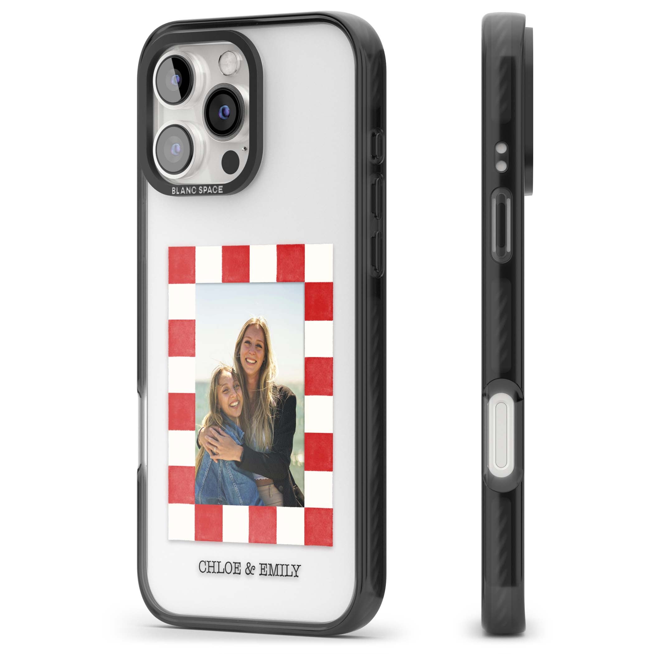 Red Check Photo personalised photo iPhone case with red and white checkered polaroid frame and custom couple name | Black Impact case for iPhone 16 Pro, iPhone 16 Pro Max