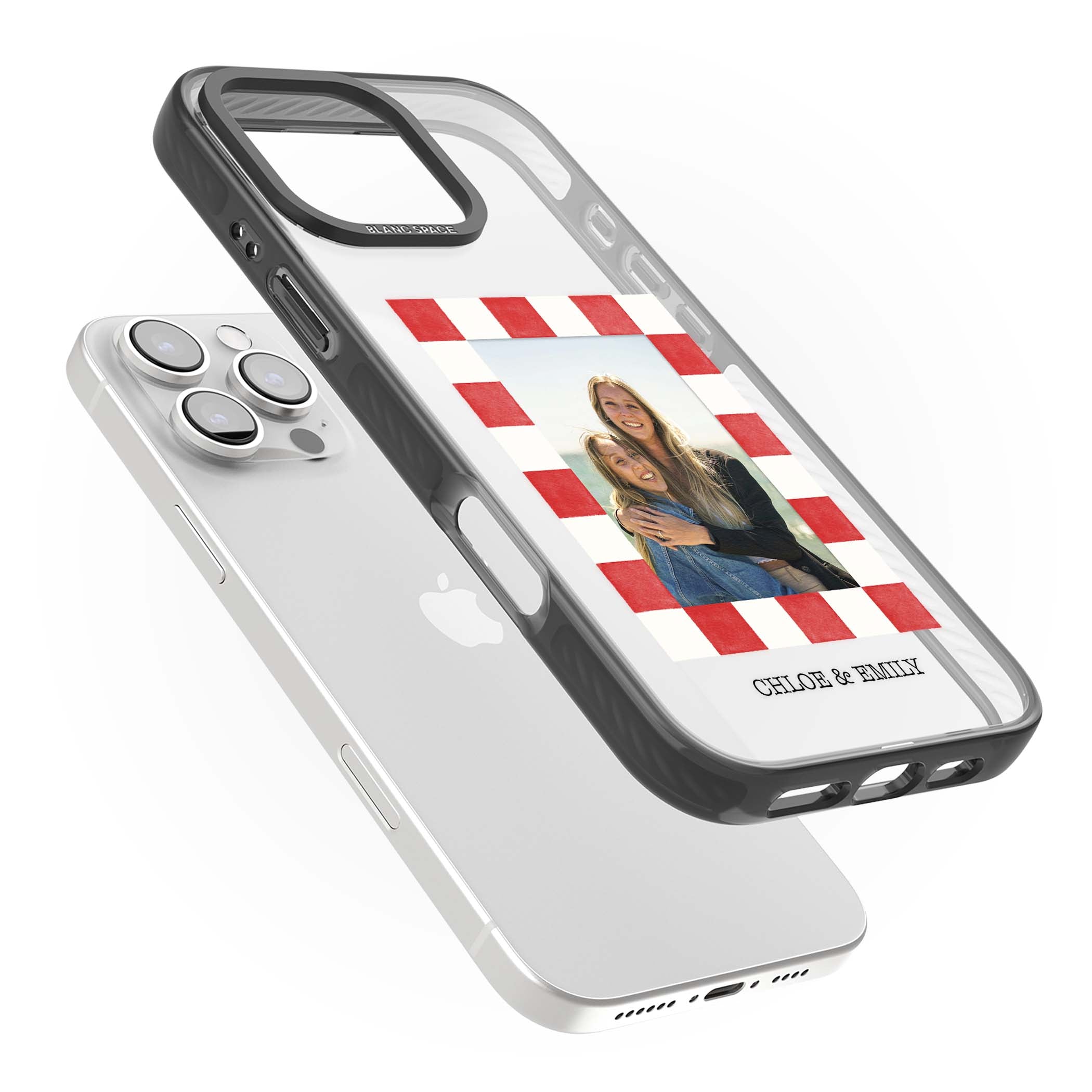 Red Check Photo personalised photo iPhone case with red and white checkered polaroid frame and custom couple name | Black Impact case for iPhone 16 Pro, iPhone 16 Pro Max