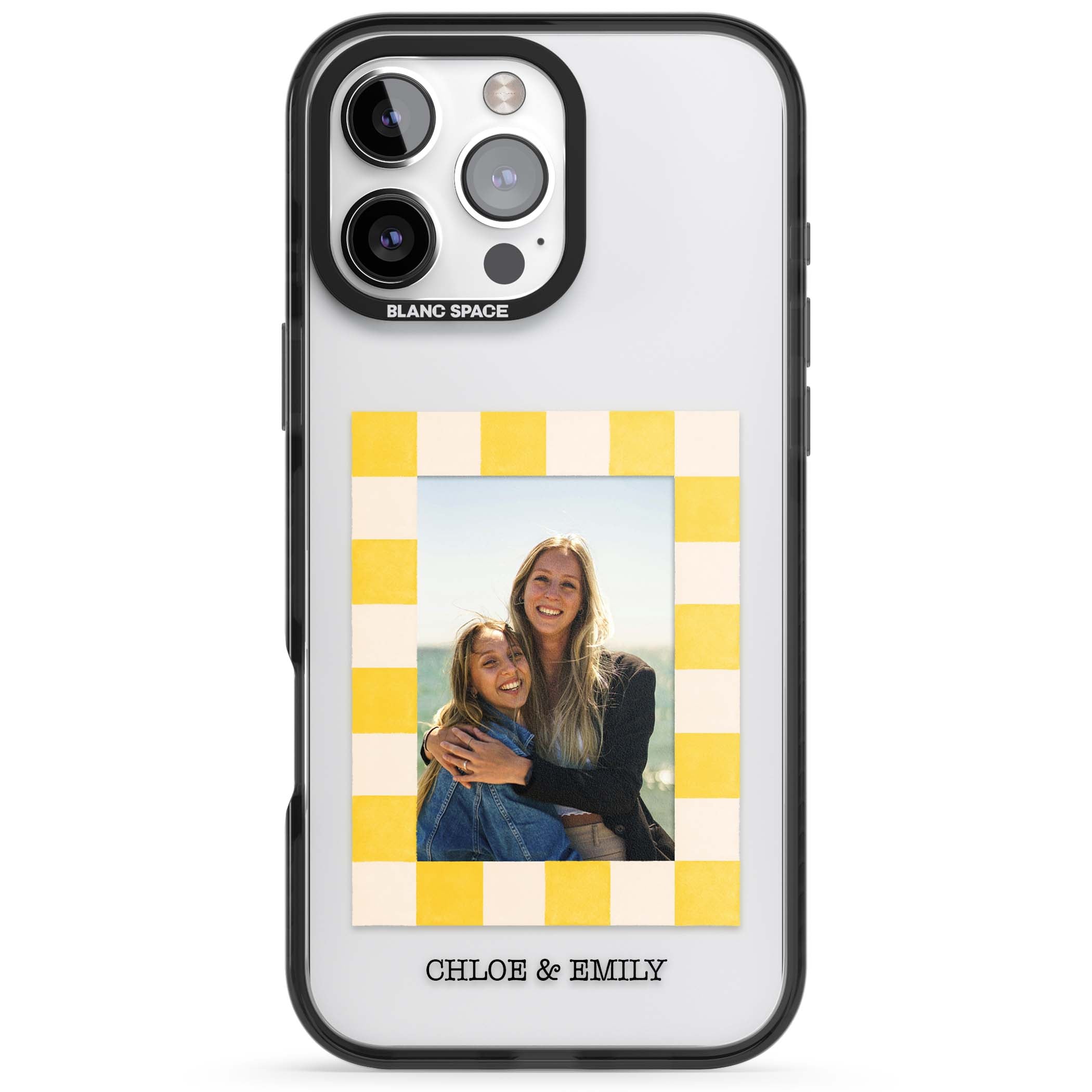 Yellow Check Photo personalised iPhone case with yellow checkered Polaroid frame and custom names beneath | Black Impact case for iPhone 16 Pro, iPhone 16 Pro Max