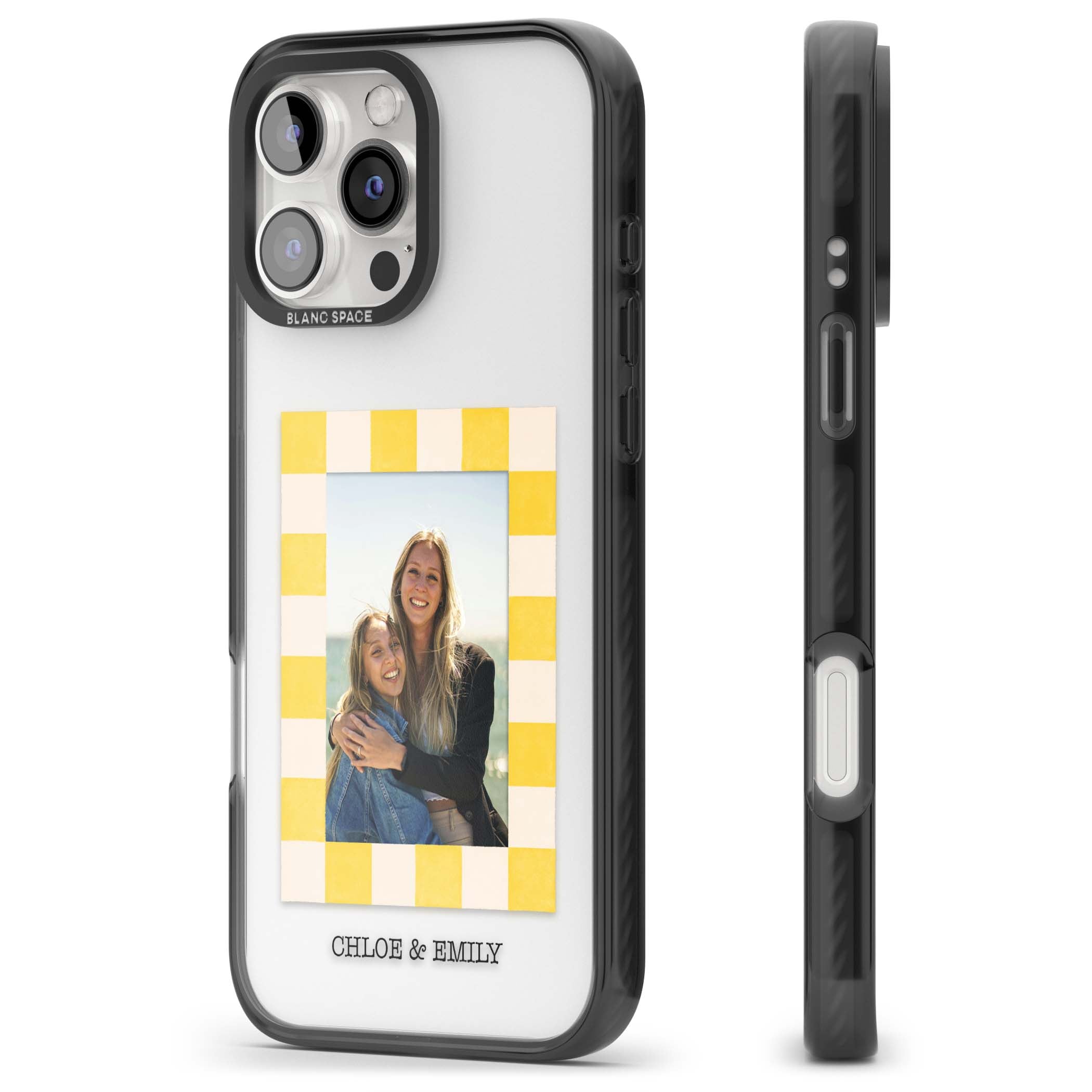 Yellow Check Photo personalised iPhone case with yellow checkered Polaroid frame and custom names beneath | Black Impact case for iPhone 16 Pro, iPhone 16 Pro Max