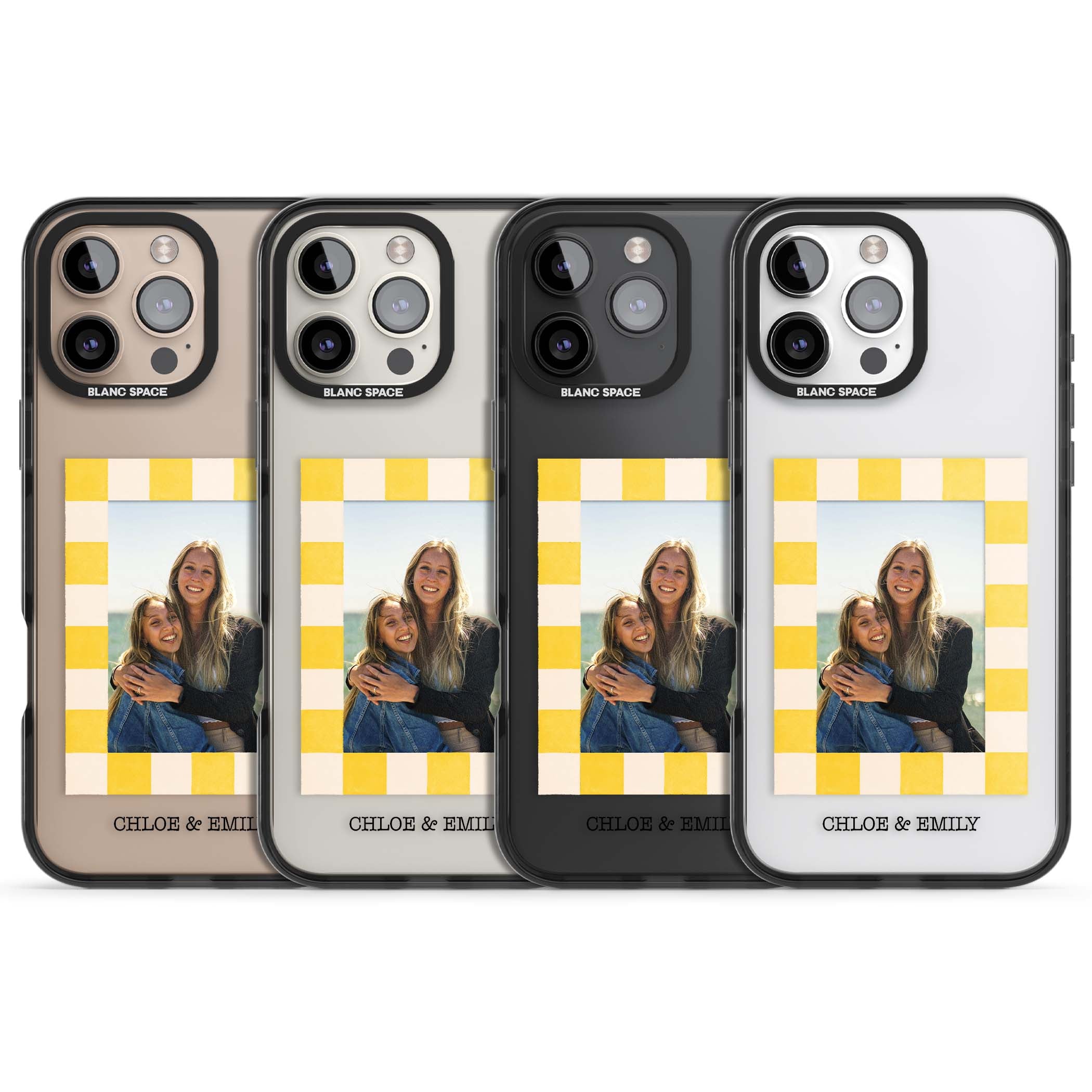 Yellow Check Photo personalised iPhone case with yellow checkered Polaroid frame and custom names beneath | Black Impact case for iPhone 16 Pro, iPhone 16 Pro Max
