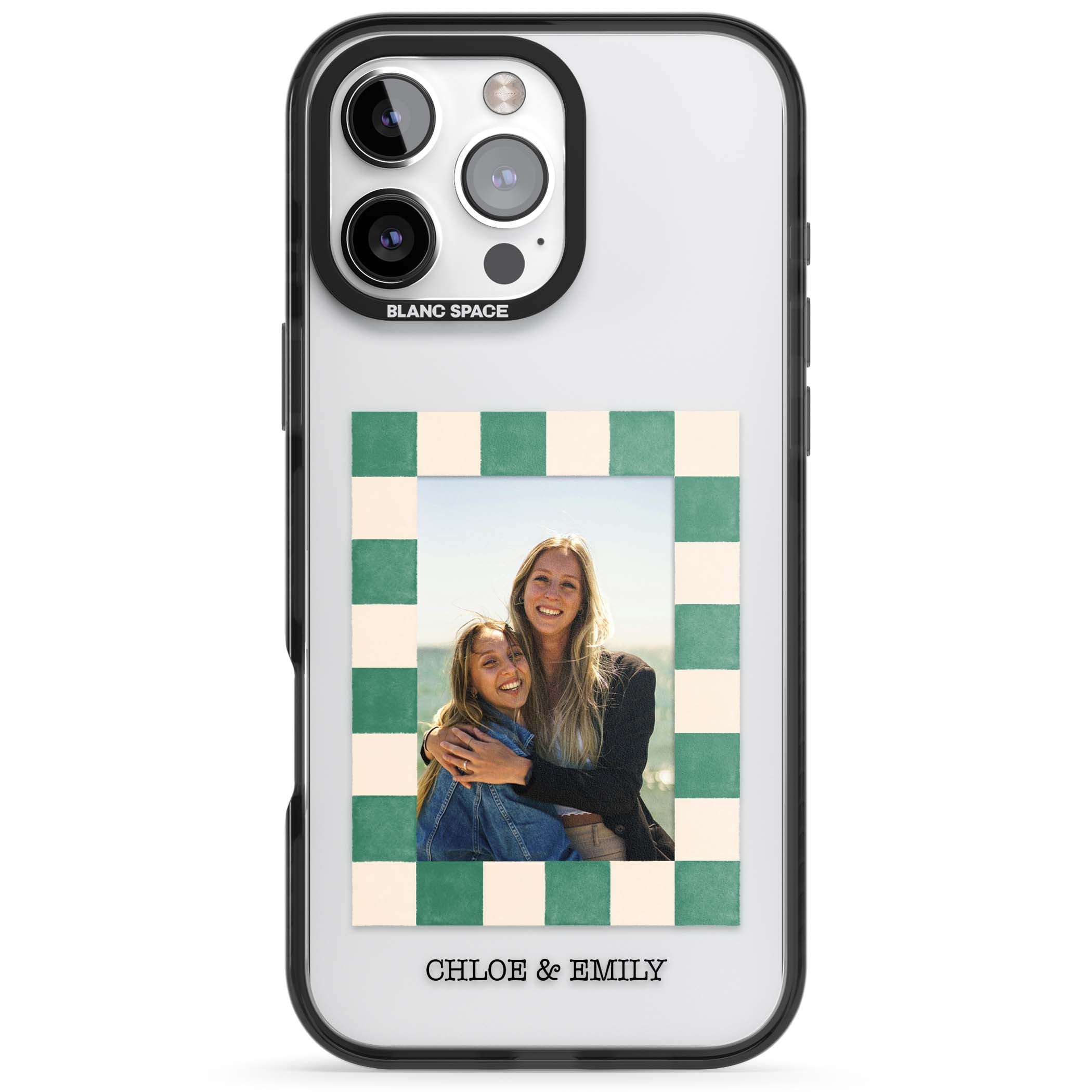 Seafoam Check Photo personalised iPhone case featuring a custom polaroid photo, green and cream checkered frame, and custom n | Black Impact case for iPhone 16 Pro, iPhone 16 Pro Max