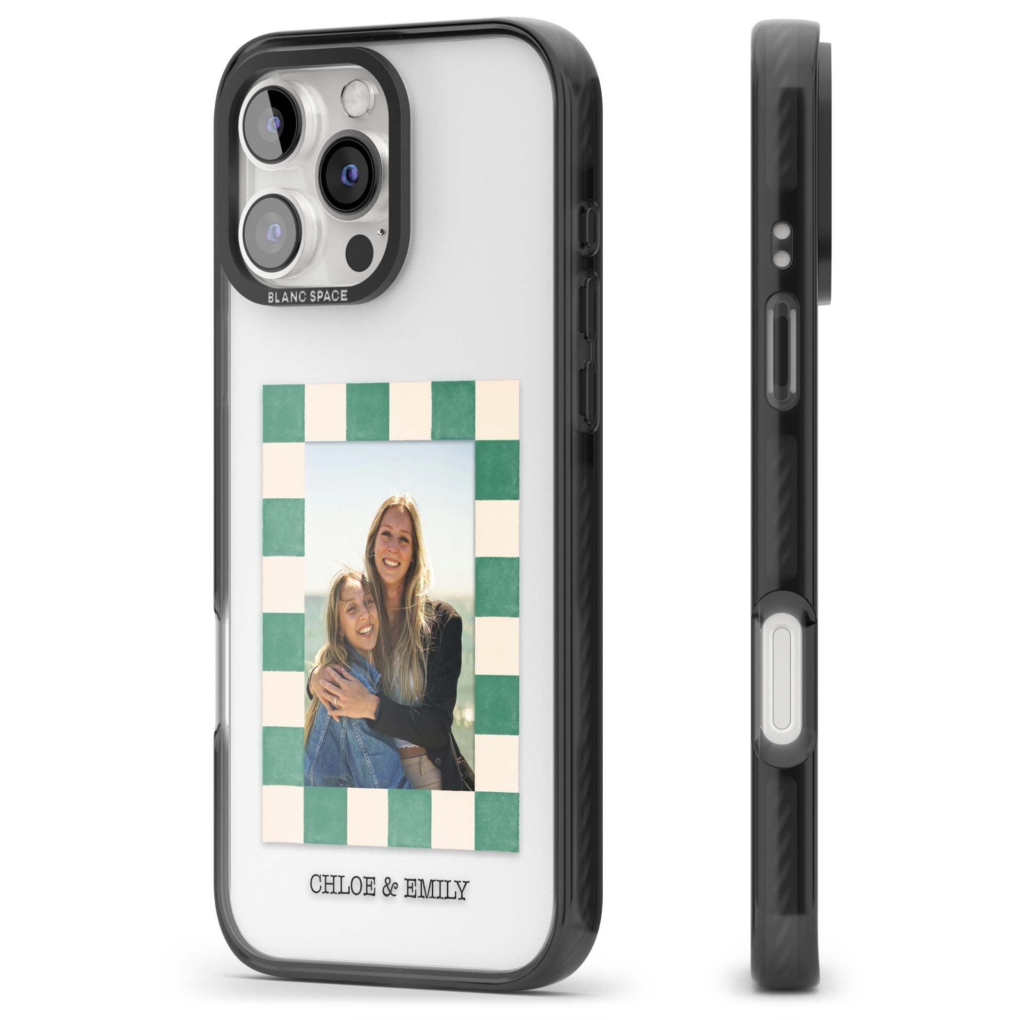 Seafoam Check Photo personalised iPhone case featuring a custom polaroid photo, green and cream checkered frame, and custom n | Black Impact case for iPhone 16 Pro, iPhone 16 Pro Max