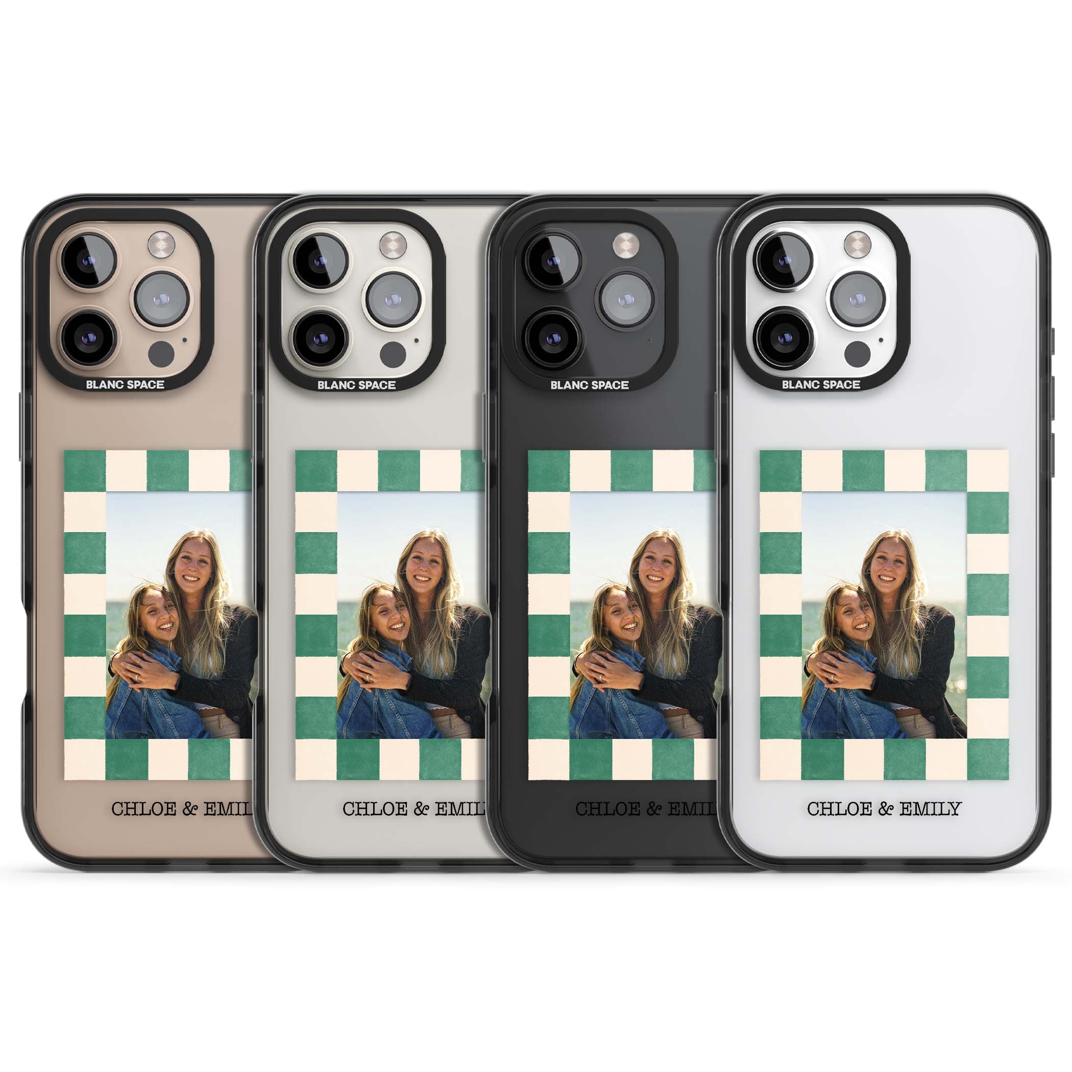 Seafoam Check Photo personalised iPhone case featuring a custom polaroid photo, green and cream checkered frame, and custom n | Black Impact case for iPhone 16 Pro, iPhone 16 Pro Max