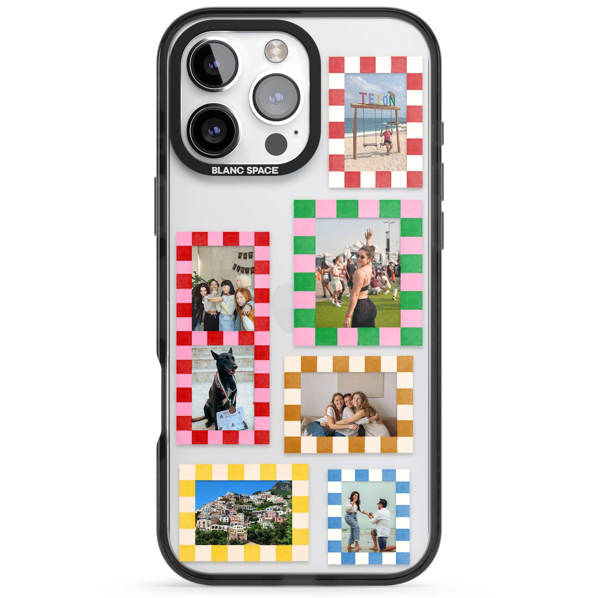 Italian Check Frames custom photo collage iPhone case featuring six checkered photo frames in red, green, pink and  | Black Impact case for iPhone 16 Pro, iPhone 16 Pro Max