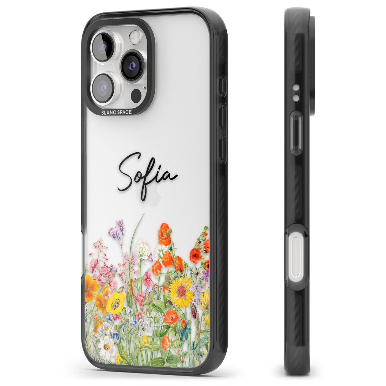 Personalised Summer Wildflowers Black Impact Phone Case for iPhone 16 Pro, iPhone 16 Pro Max