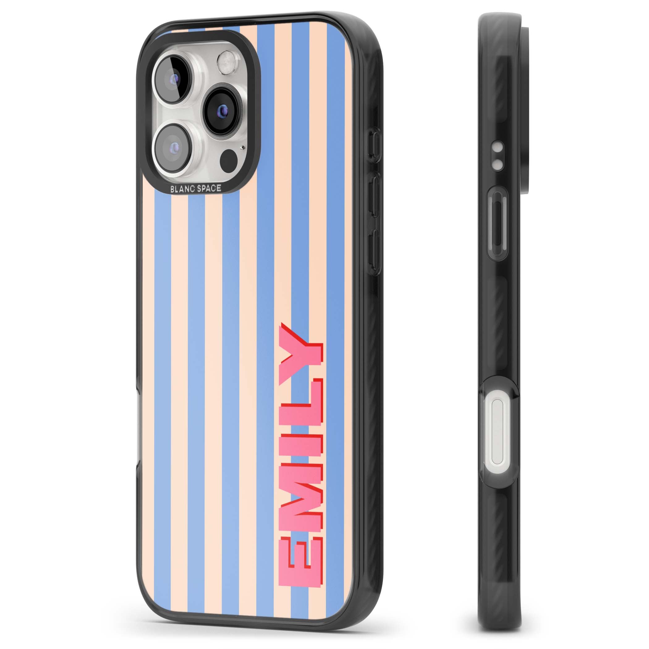 Coastal Stripe personalised coastal iPhone case with blue and peach vertical stripes and custom pink name | Black Impact case for iPhone 16 Pro, iPhone 16 Pro Max
