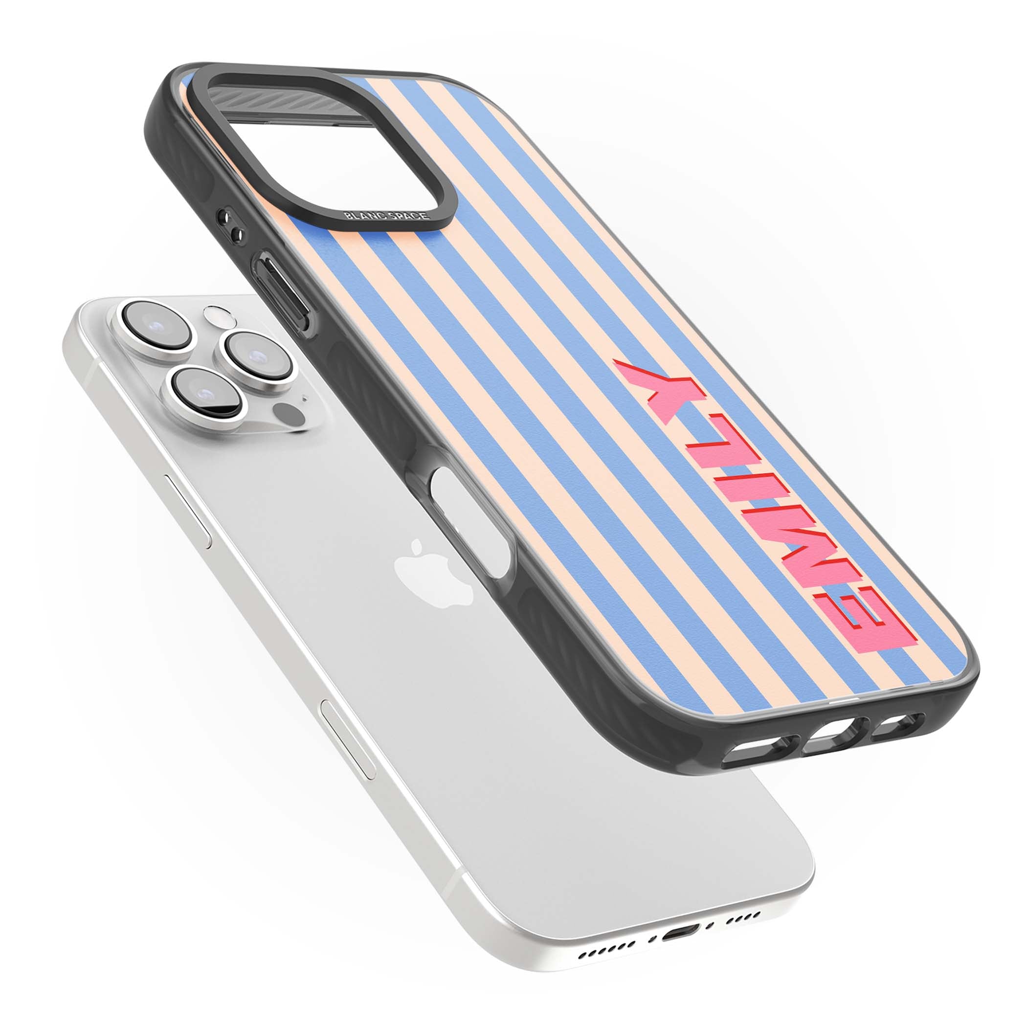Coastal Stripe personalised coastal iPhone case with blue and peach vertical stripes and custom pink name | Black Impact case for iPhone 16 Pro, iPhone 16 Pro Max