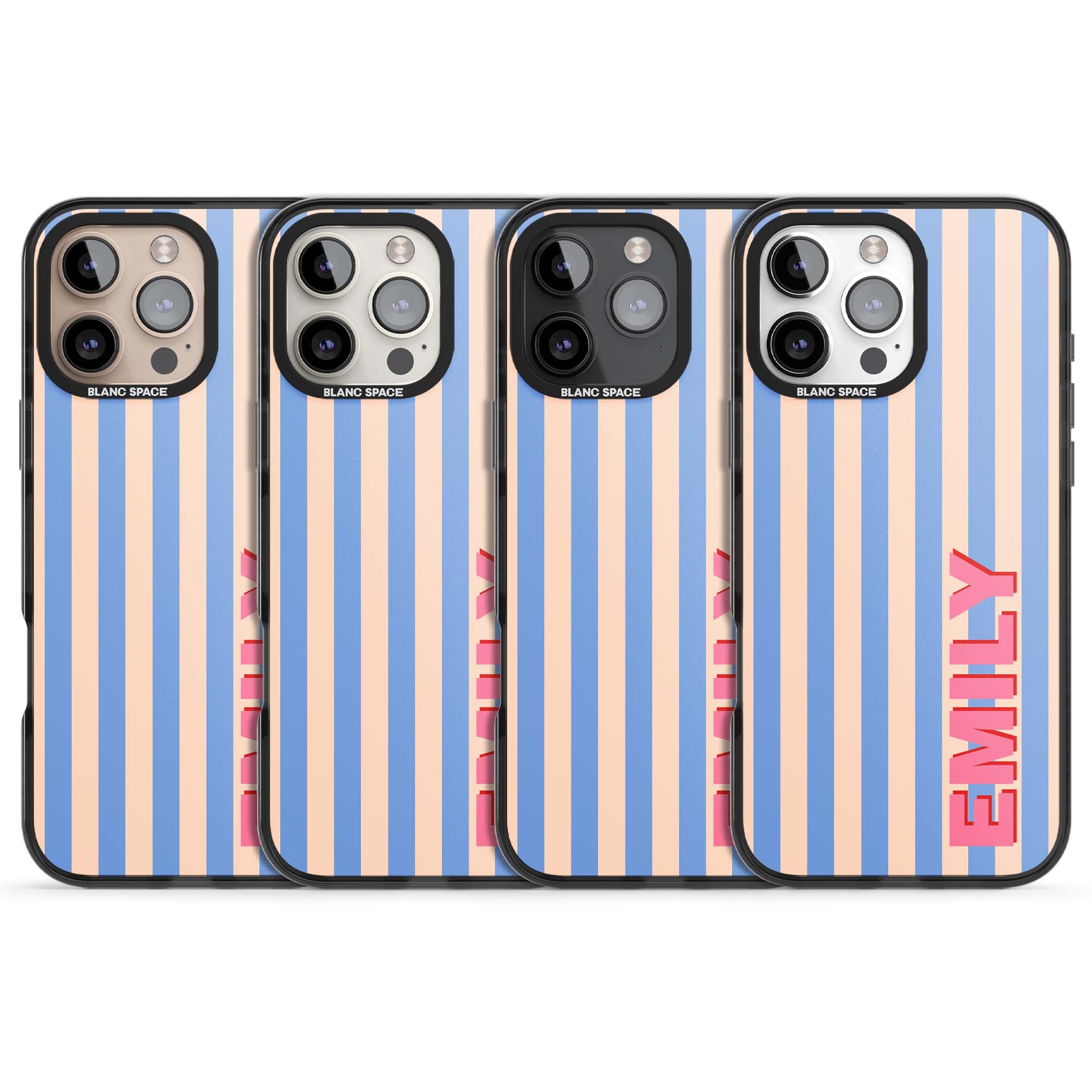 Coastal Stripe personalised coastal iPhone case with blue and peach vertical stripes and custom pink name | Black Impact case for iPhone 16 Pro, iPhone 16 Pro Max