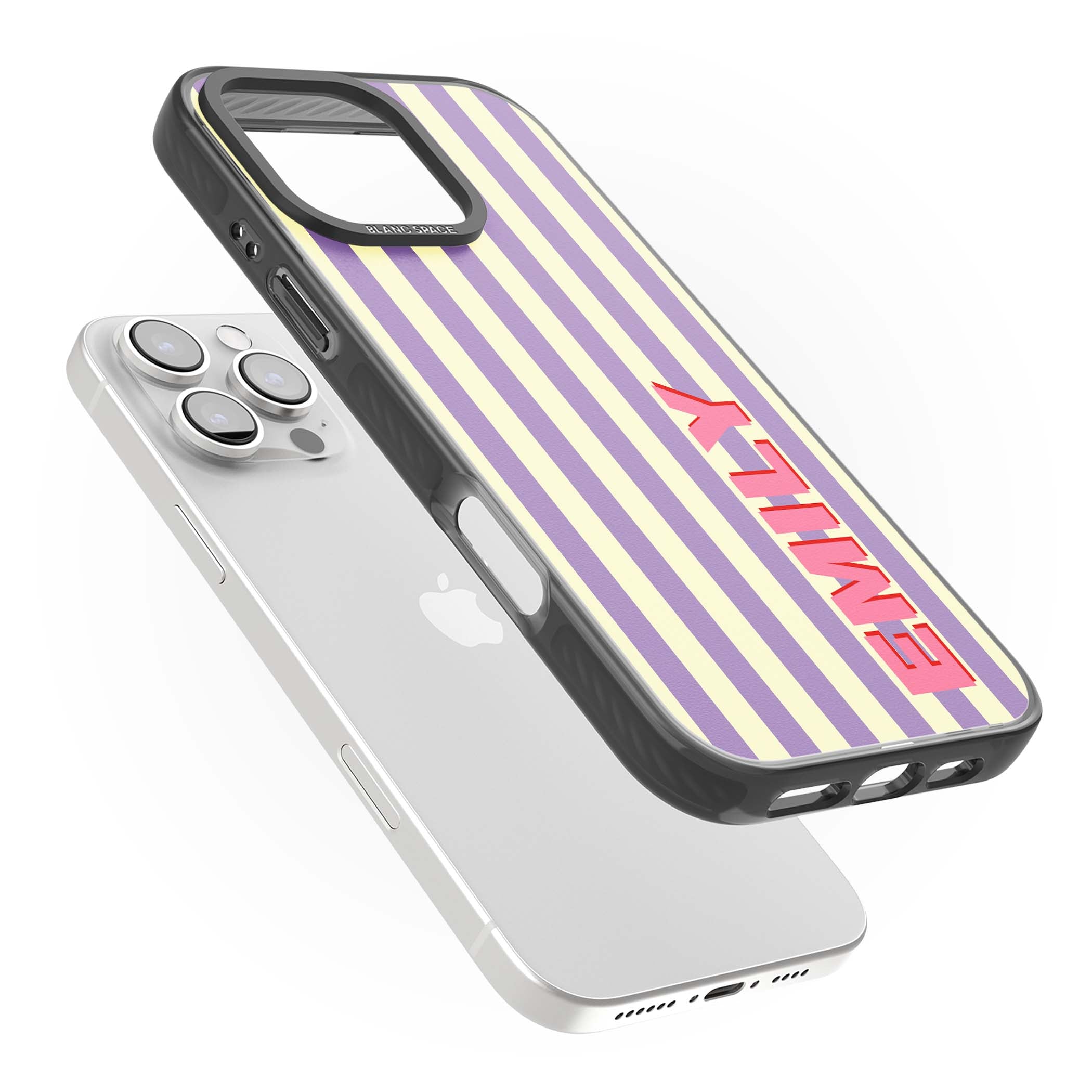 Valensole Stripe personalised iPhone case with purple and cream vertical stripes and pink custom name | Black Impact case for iPhone 16 Pro, iPhone 16 Pro Max
