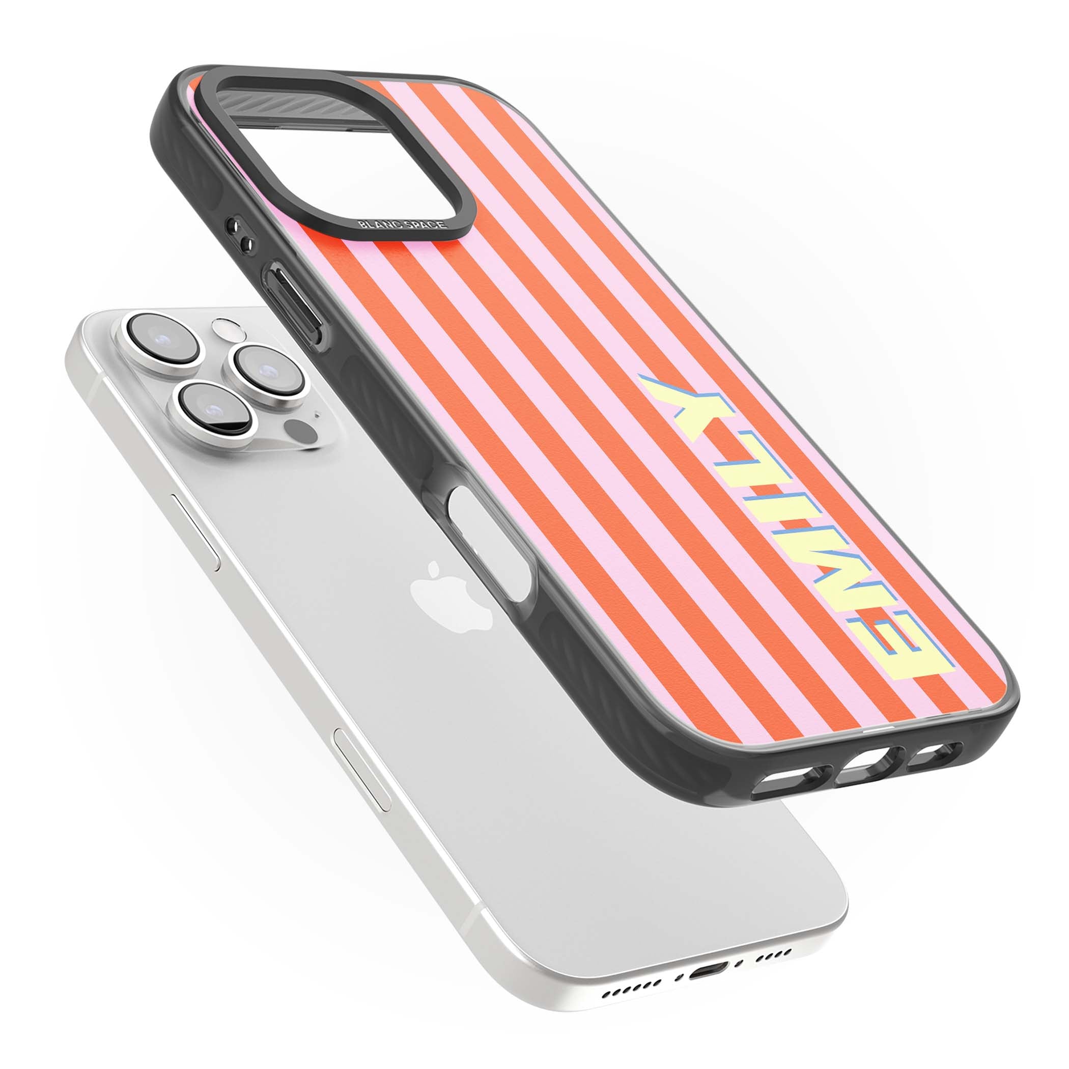 Havana Stripe personalised iPhone case featuring pink and orange vertical stripes with a custom yellow name | Black Impact case for iPhone 16 Pro, iPhone 16 Pro Max