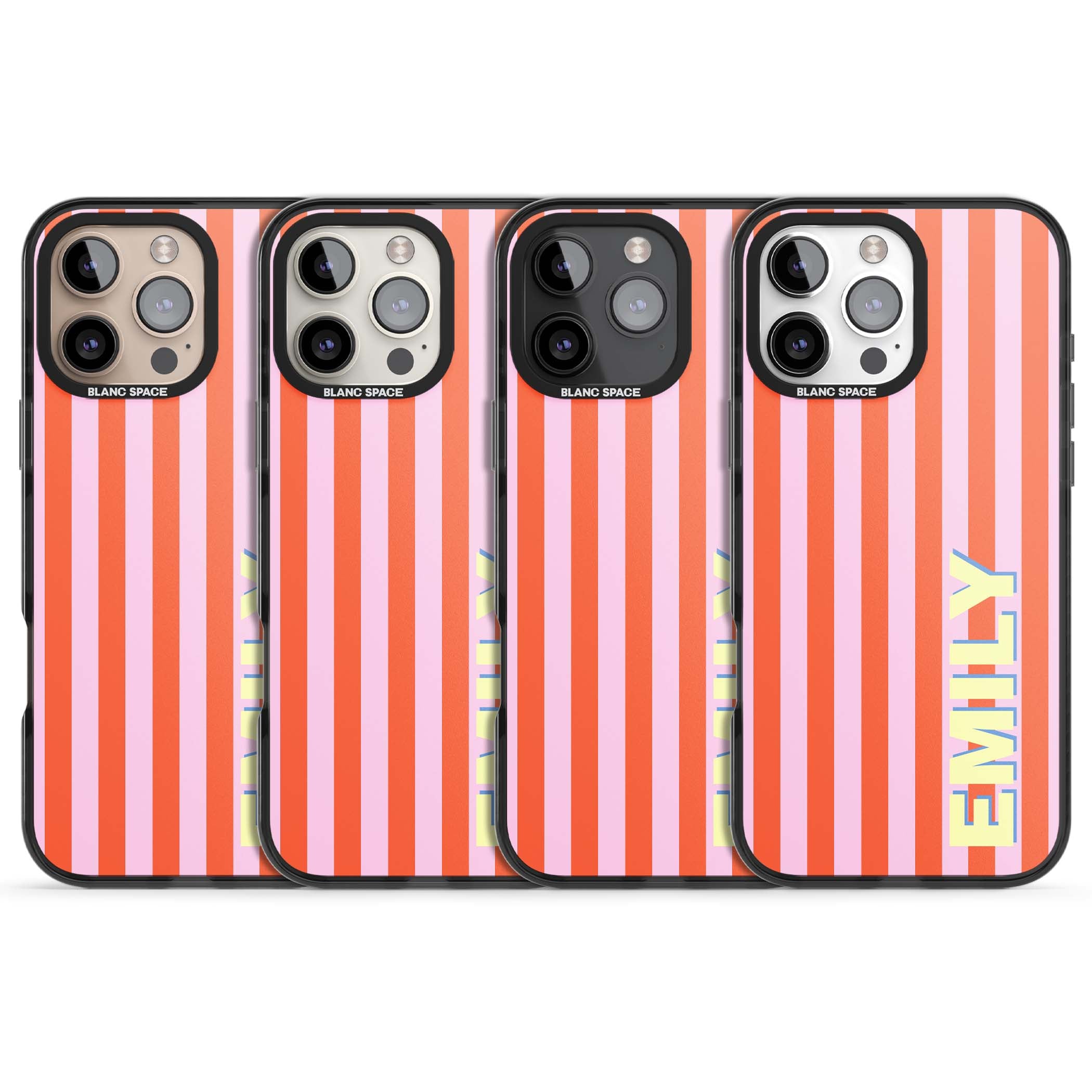 Havana Stripe personalised iPhone case featuring pink and orange vertical stripes with a custom yellow name | Black Impact case for iPhone 16 Pro, iPhone 16 Pro Max