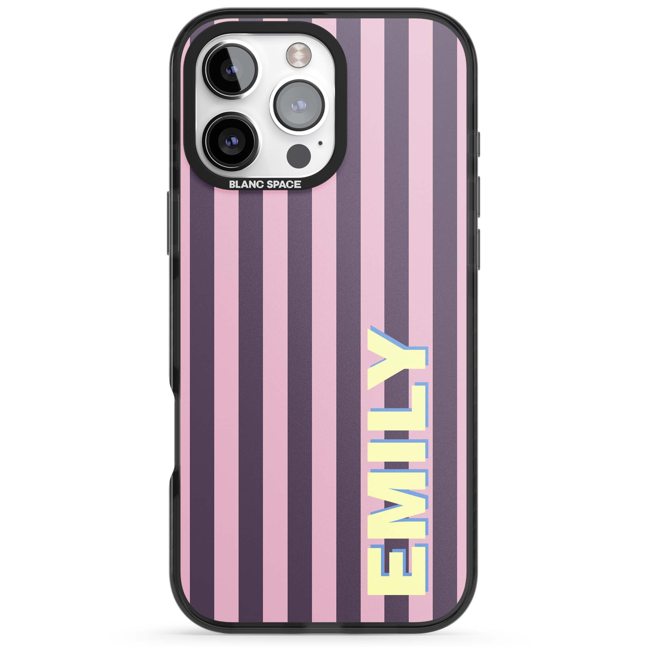 Tyre Stripe personalised stripe iPhone case with plum and pink vertical stripes and custom yellow name | Black Impact case for iPhone 16 Pro, iPhone 16 Pro Max