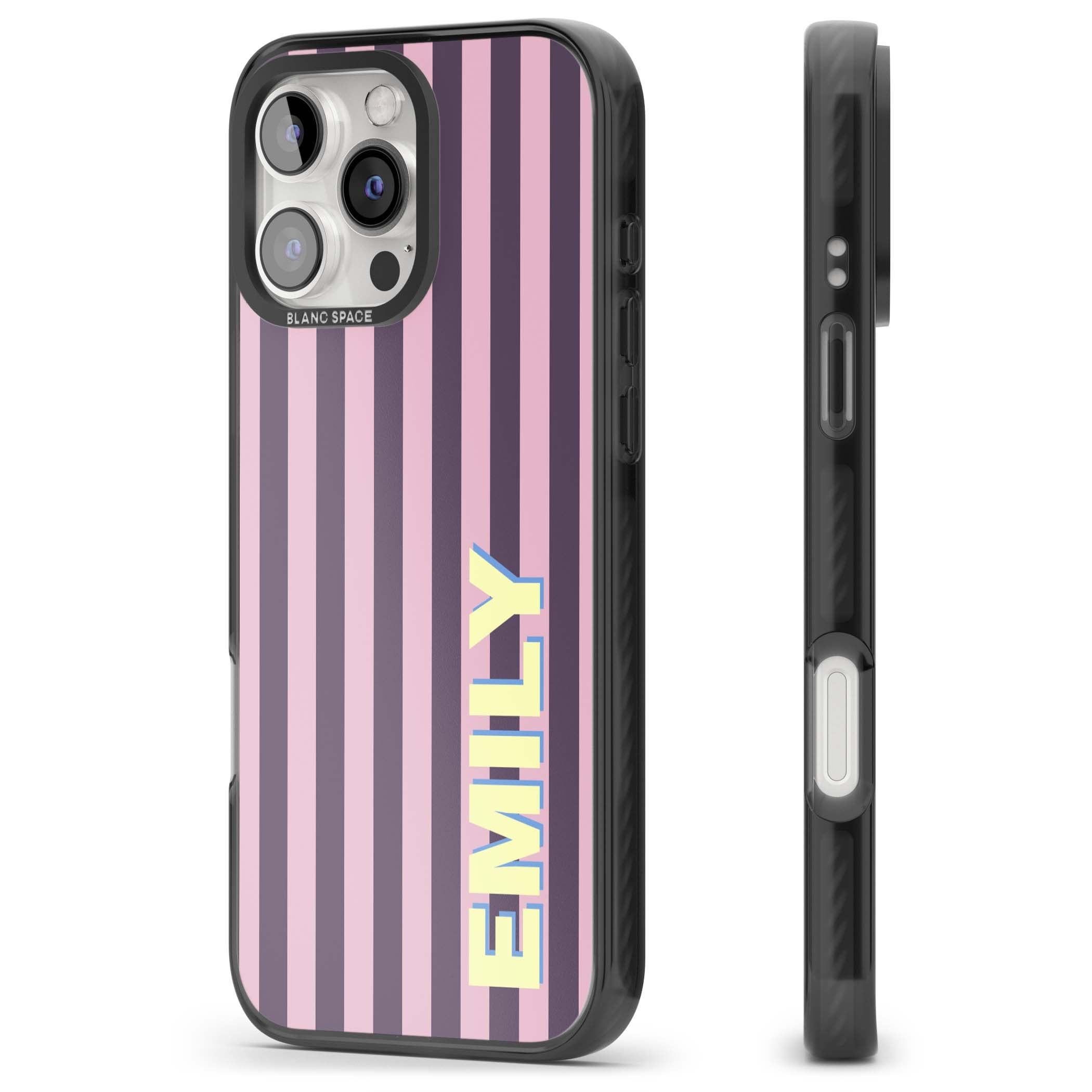 Tyre Stripe personalised stripe iPhone case with plum and pink vertical stripes and custom yellow name | Black Impact case for iPhone 16 Pro, iPhone 16 Pro Max