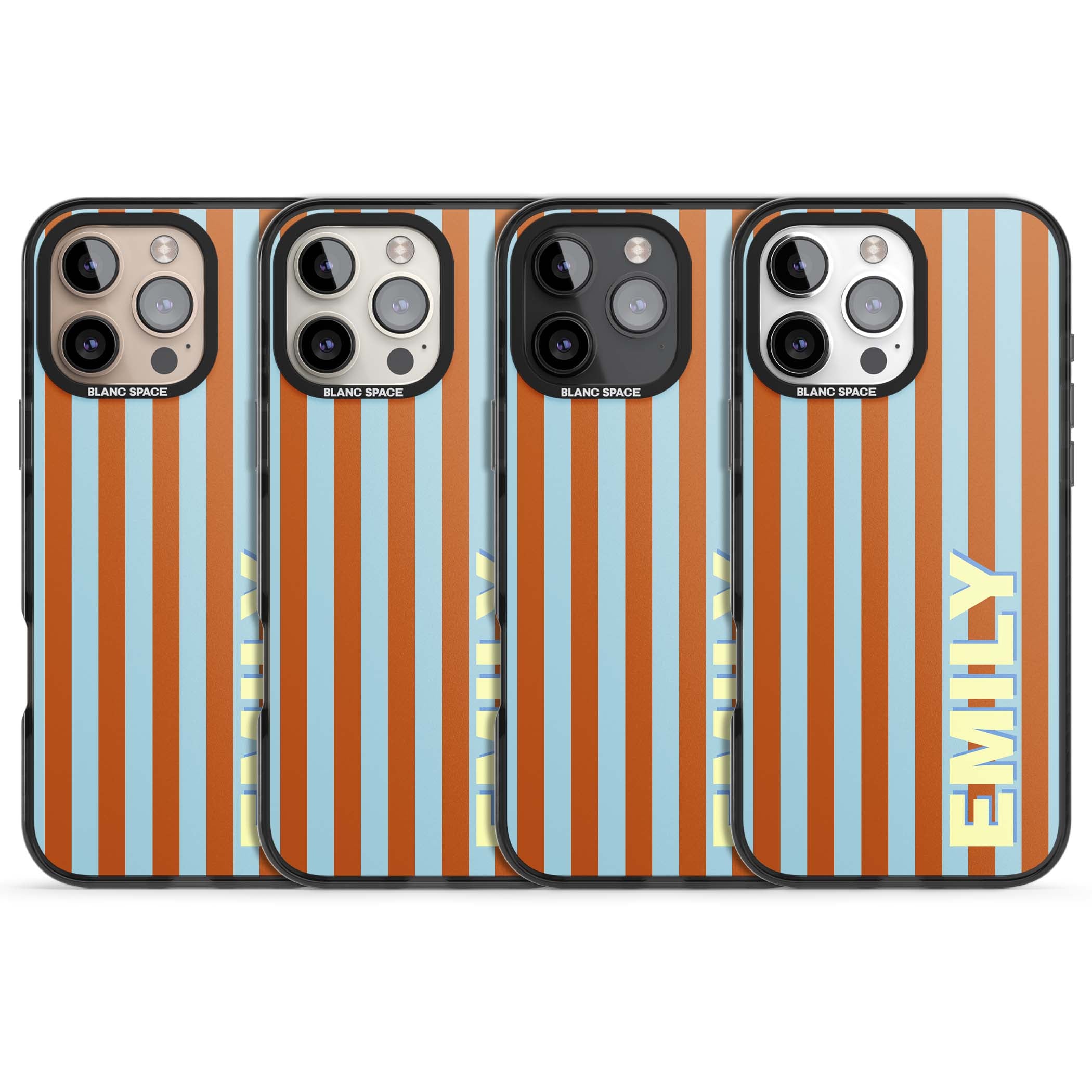 Cappadocia Stripe personalised coastal iPhone case featuring blue and orange vertical stripes with custom cream name | Black Impact case for iPhone 16 Pro, iPhone 16 Pro Max