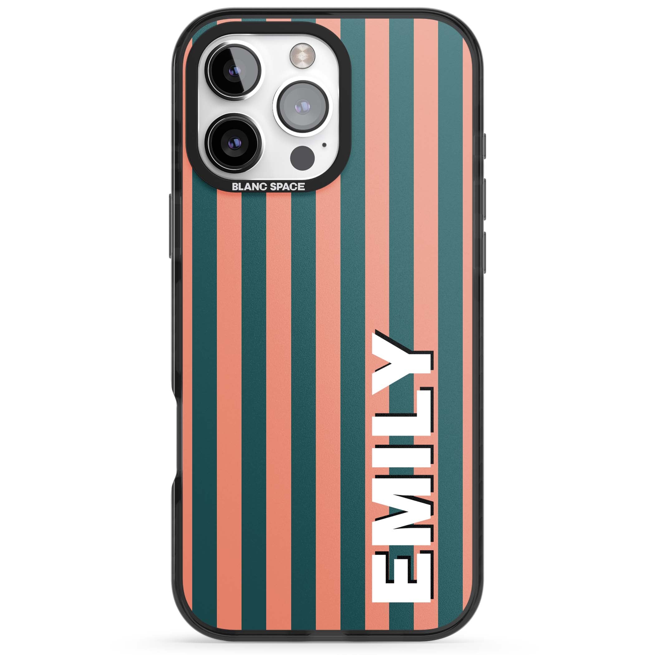 Tuscan Stripe personalised iPhone case featuring coral and green vertical stripes with bold custom name | Black Impact case for iPhone 16 Pro, iPhone 16 Pro Max
