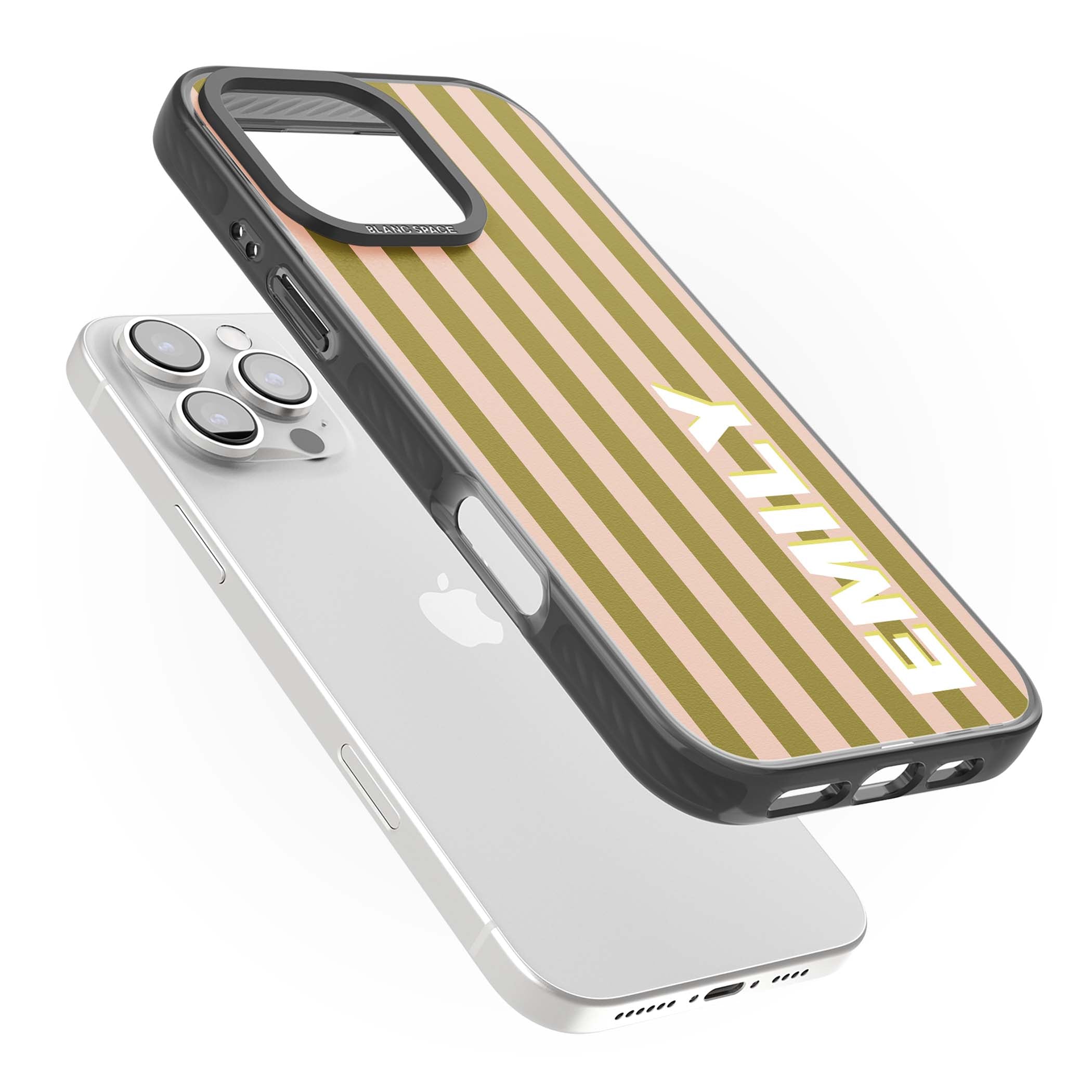 Indian Stripe personalised iPhone case featuring olive green and blush pink vertical stripes with custom name in whit | Black Impact case for iPhone 16 Pro, iPhone 16 Pro Max