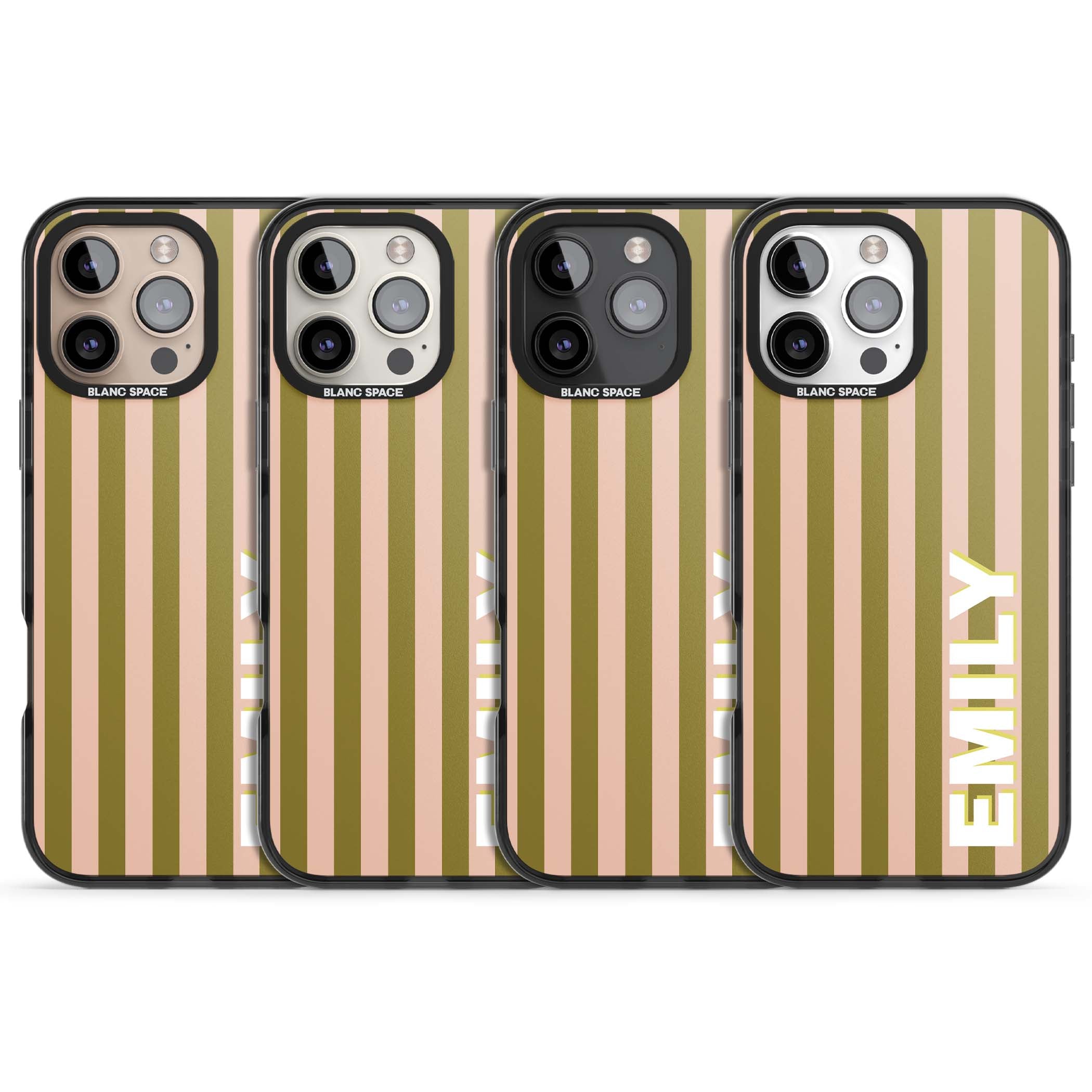 Indian Stripe personalised iPhone case featuring olive green and blush pink vertical stripes with custom name in whit | Black Impact case for iPhone 16 Pro, iPhone 16 Pro Max