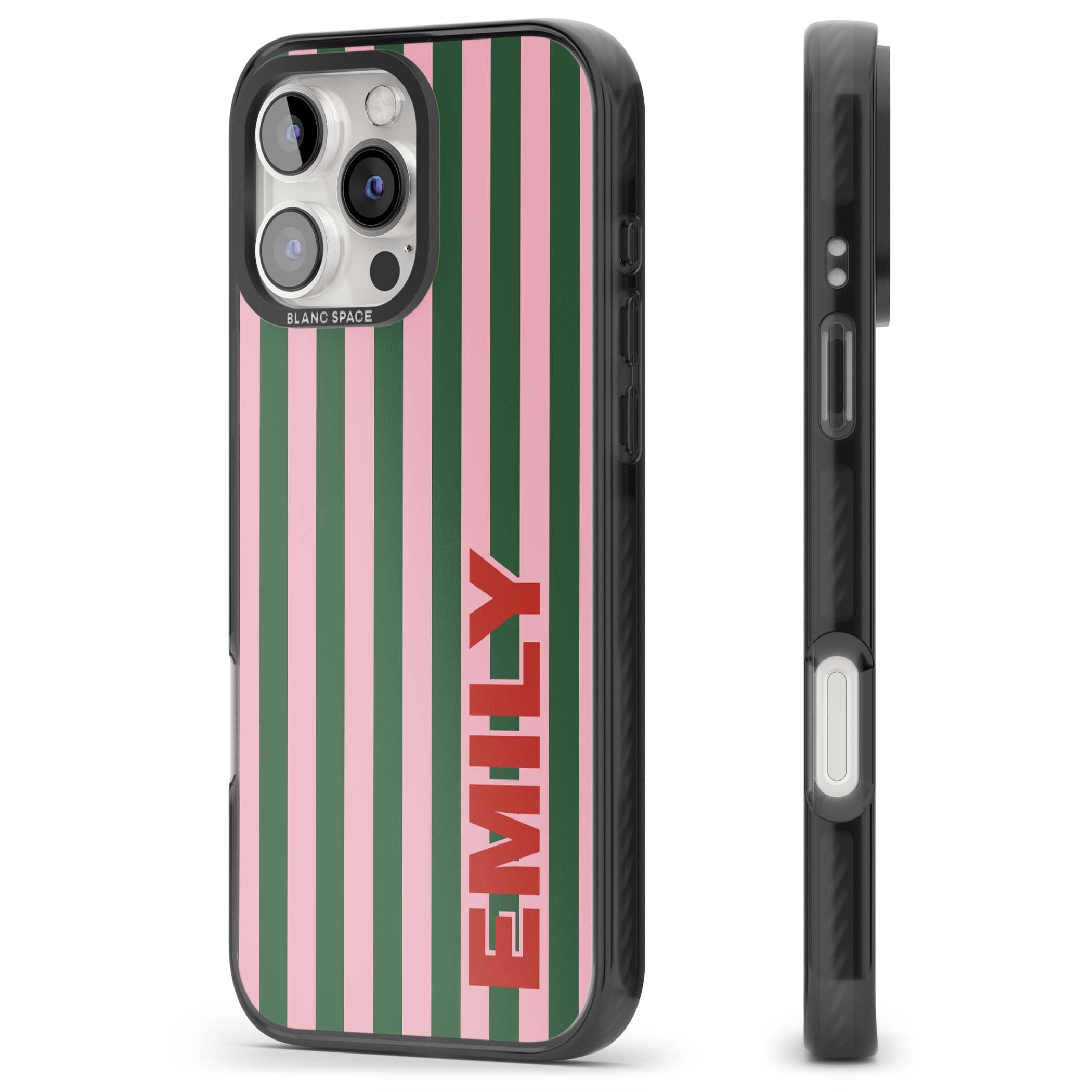 Italian Stripe preppy iPhone case featuring pink and green vertical stripes with personalised red name | Black Impact case for iPhone 16 Pro, iPhone 16 Pro Max