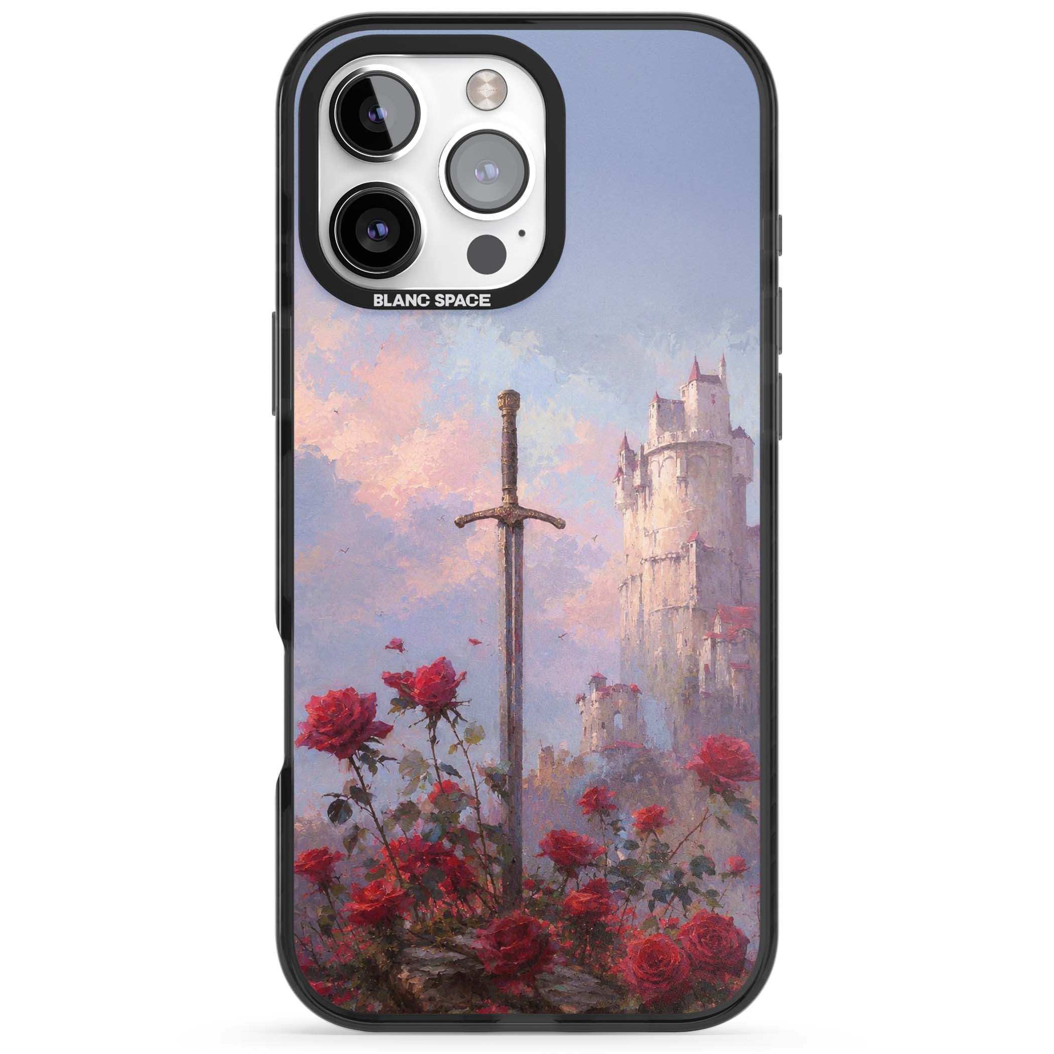 Sword in Roses medieval art iPhone case featuring a sword, red roses, and a misty fairytale castle at sunset | Black Impact case for iPhone 16 Pro, iPhone 16 Pro Max
