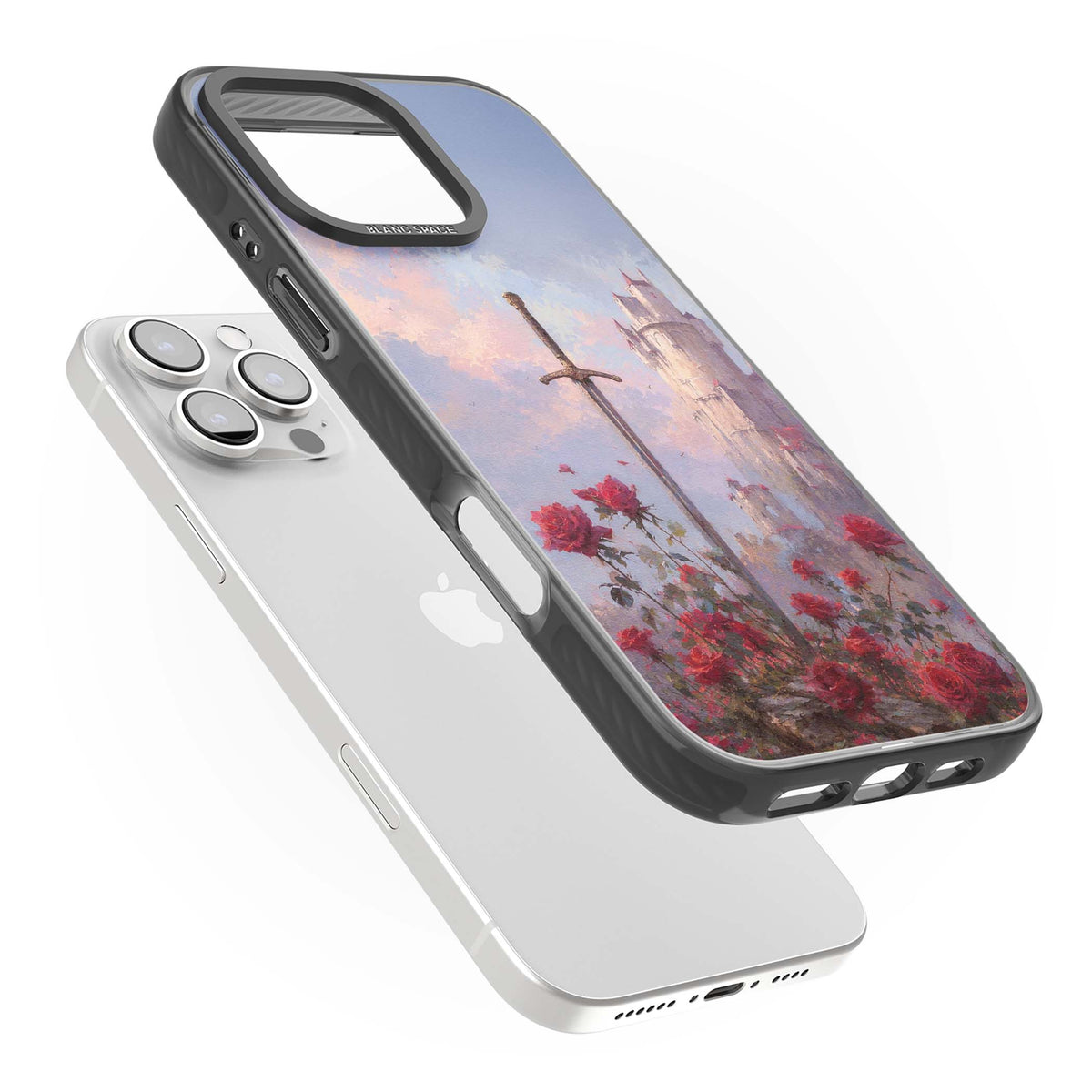 Sword in Roses medieval art iPhone case featuring a sword, red roses, and a misty fairytale castle at sunset | Black Impact case for iPhone 16 Pro, iPhone 16 Pro Max