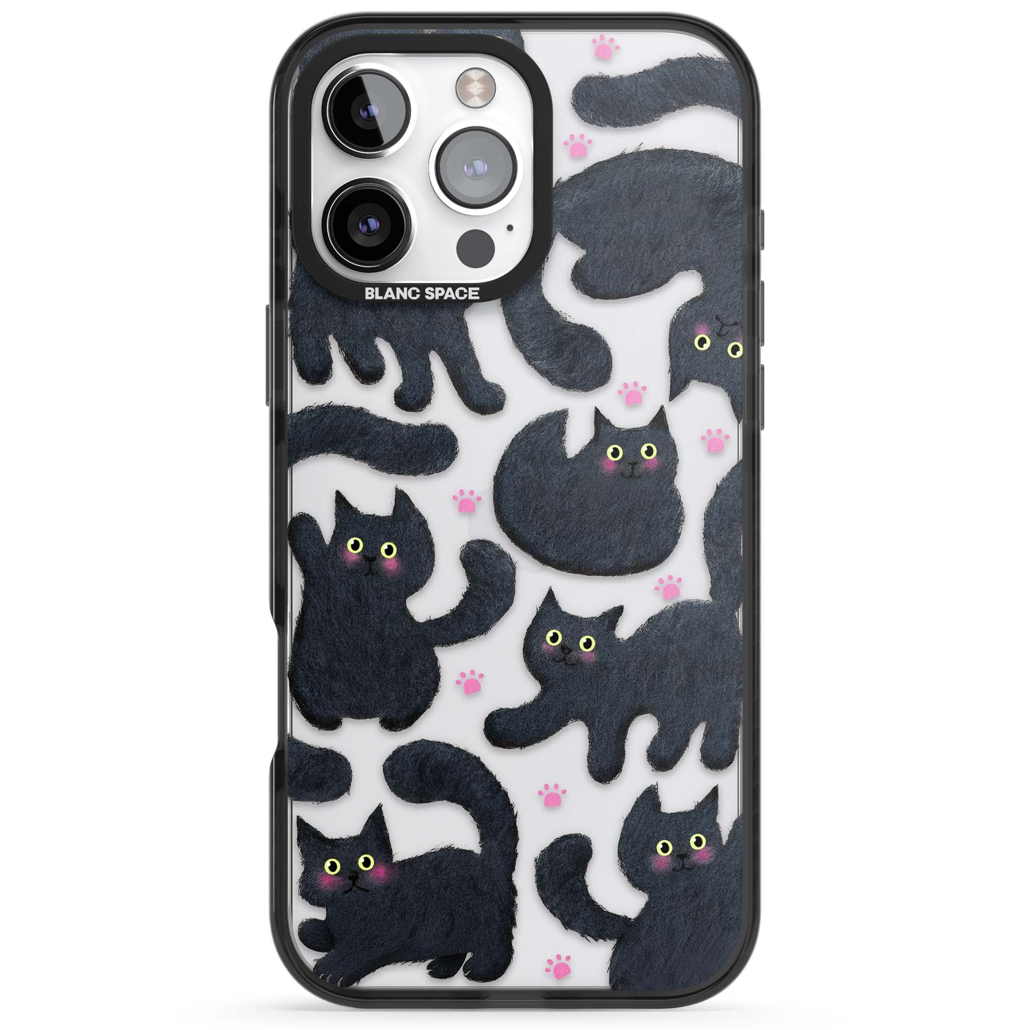 Midnight Cats cute iPhone case featuring black cat pattern with yellow eyes and pink paw prints | Black Impact case for iPhone 16 Pro, iPhone 16 Pro Max